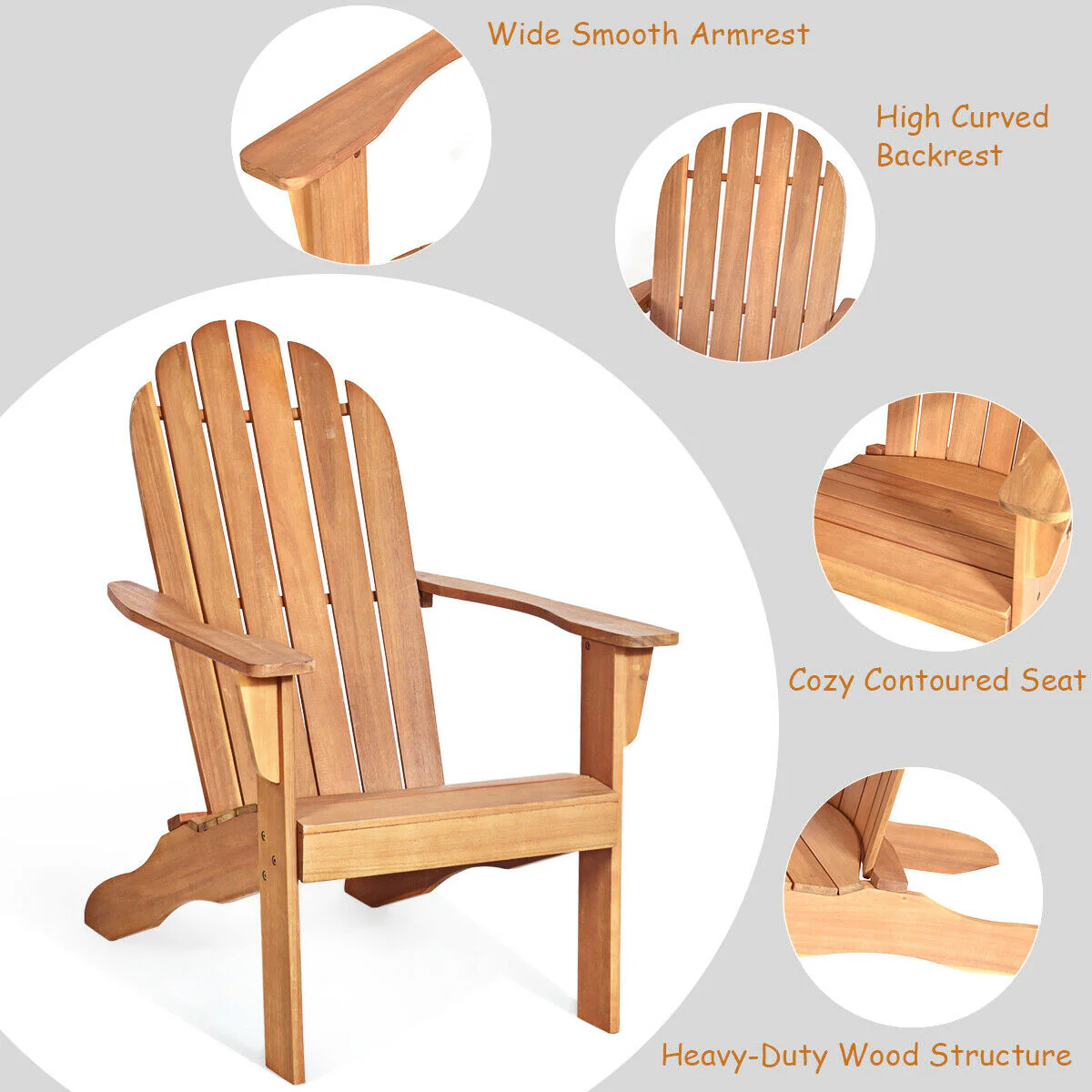 Acacia Wood Outdoor Adirondack Chair, Ergonomic Design, Natural - Image 3