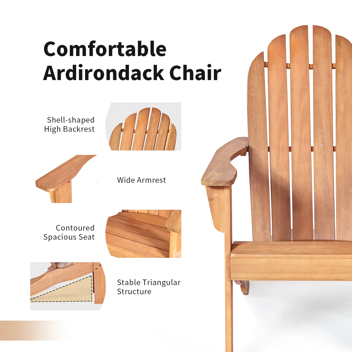 Acacia Wood Outdoor Adirondack Chair, Ergonomic Design, Natural - Image 6