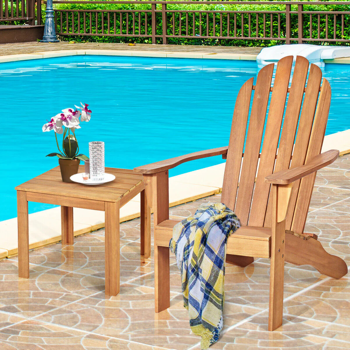 Acacia Wood Outdoor Adirondack Chair, Ergonomic Design, Natural - Image 7