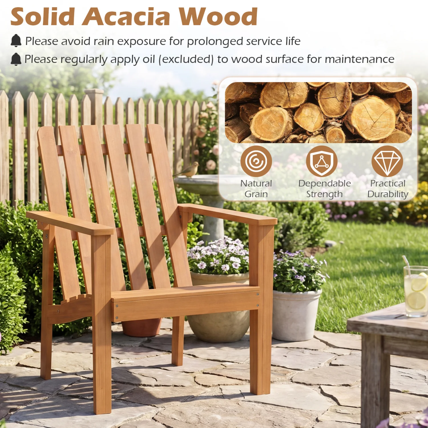 Acacia Wood Outdoor Chair with Slatted Backrest, 2 Pack - Image 8