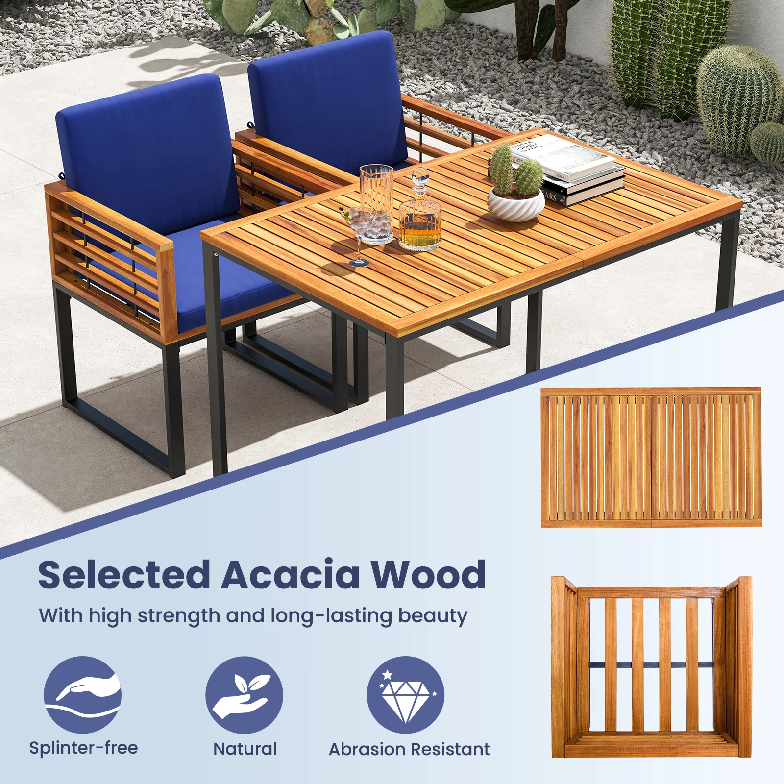 Acacia Wood Outdoor Dining Chairs, Set of 2, Navy - Image 8