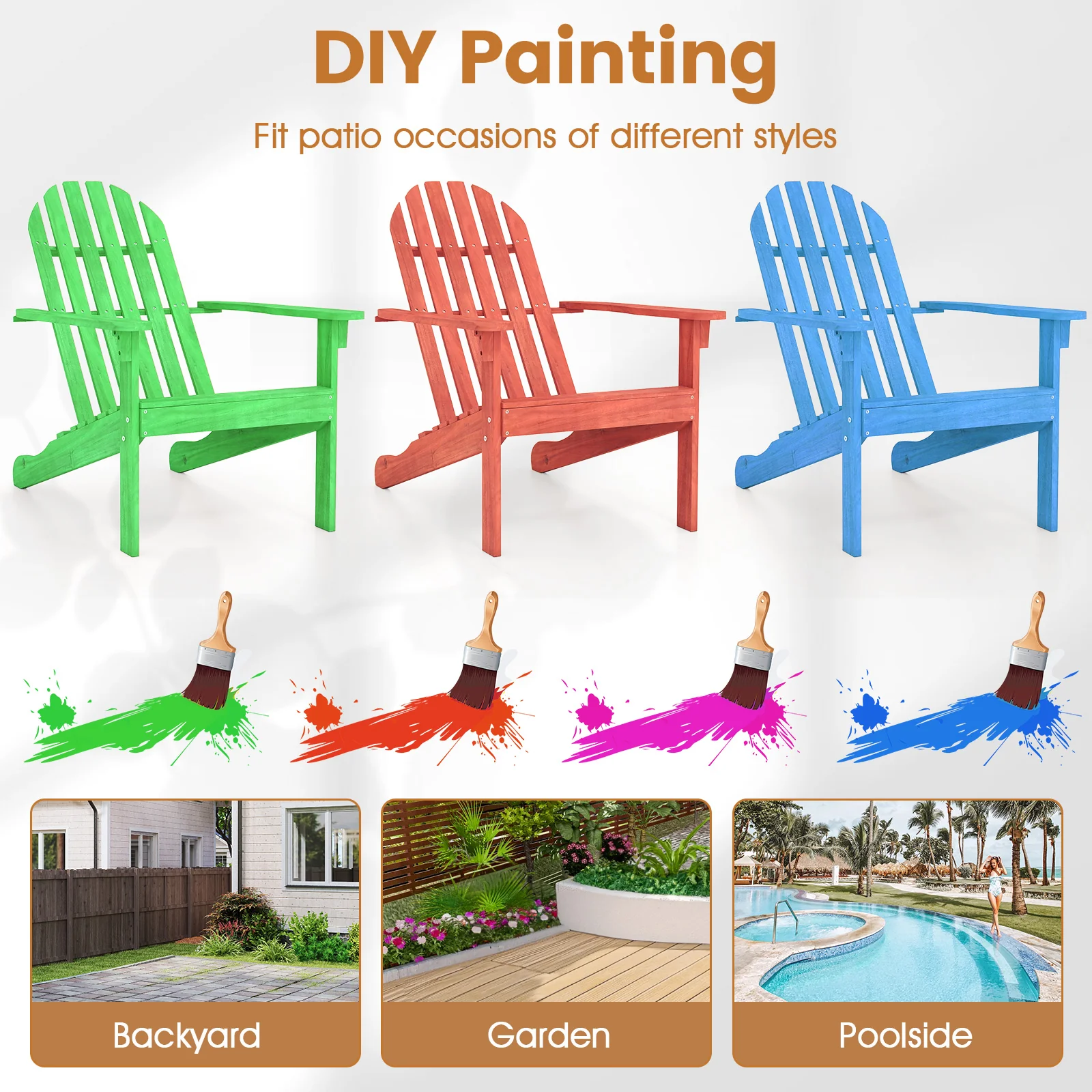 Acacia Wood Patio Adirondack Chair, Inclined Seat, High Backrest, Natural - Image 10