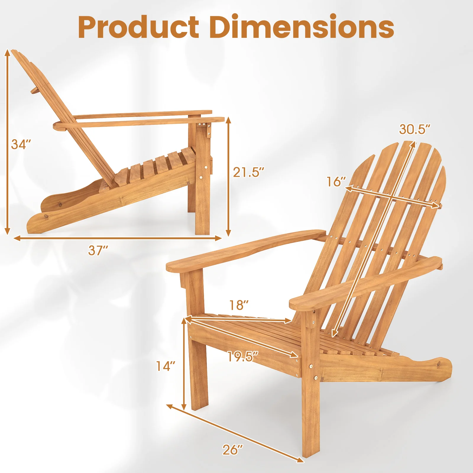 Acacia Wood Patio Adirondack Chair, Inclined Seat, High Backrest, Natural - Image 5