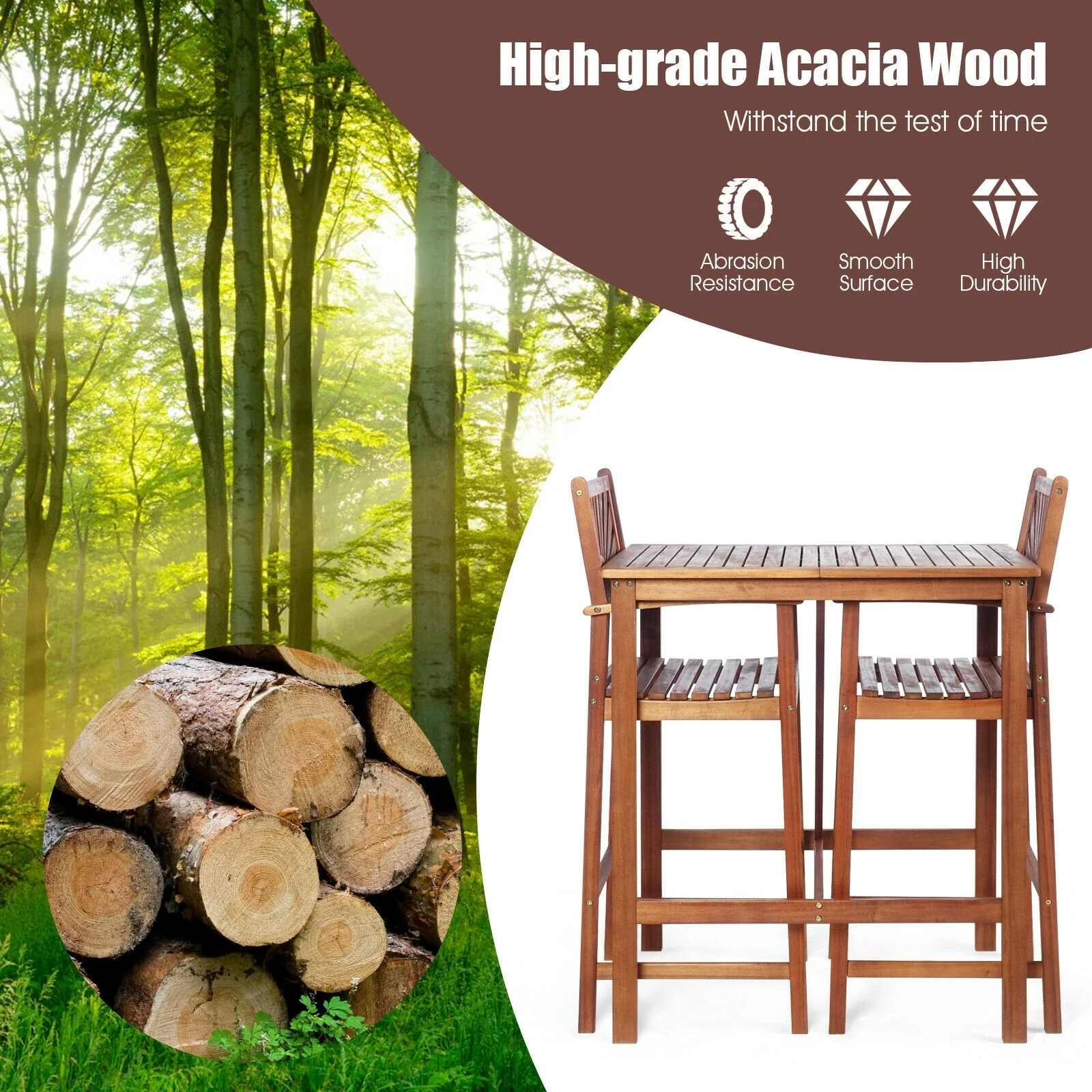 Acacia Wood Patio Bar Set, 3 Pieces, Sunflower Pattern, Natural - Image 10
