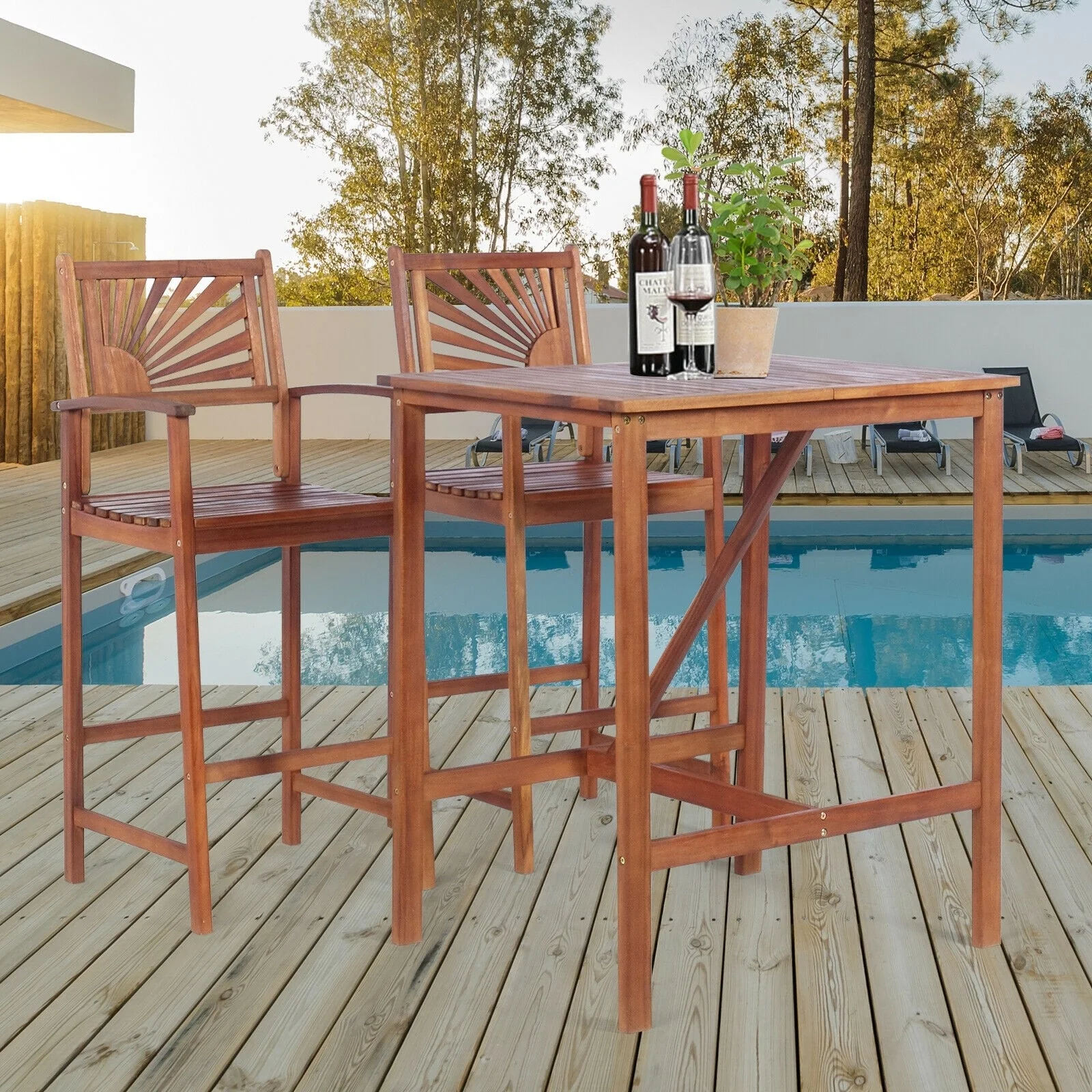 Acacia Wood Patio Bar Set, 3 Pieces, Sunflower Pattern, Natural - Image 2