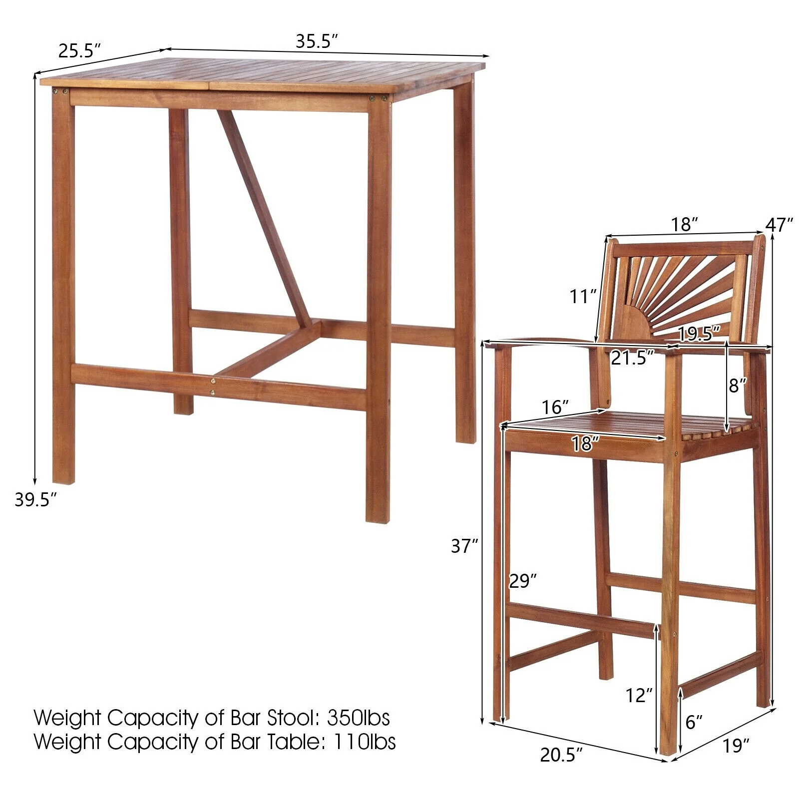 Acacia Wood Patio Bar Set, 3 Pieces, Sunflower Pattern, Natural - Image 5