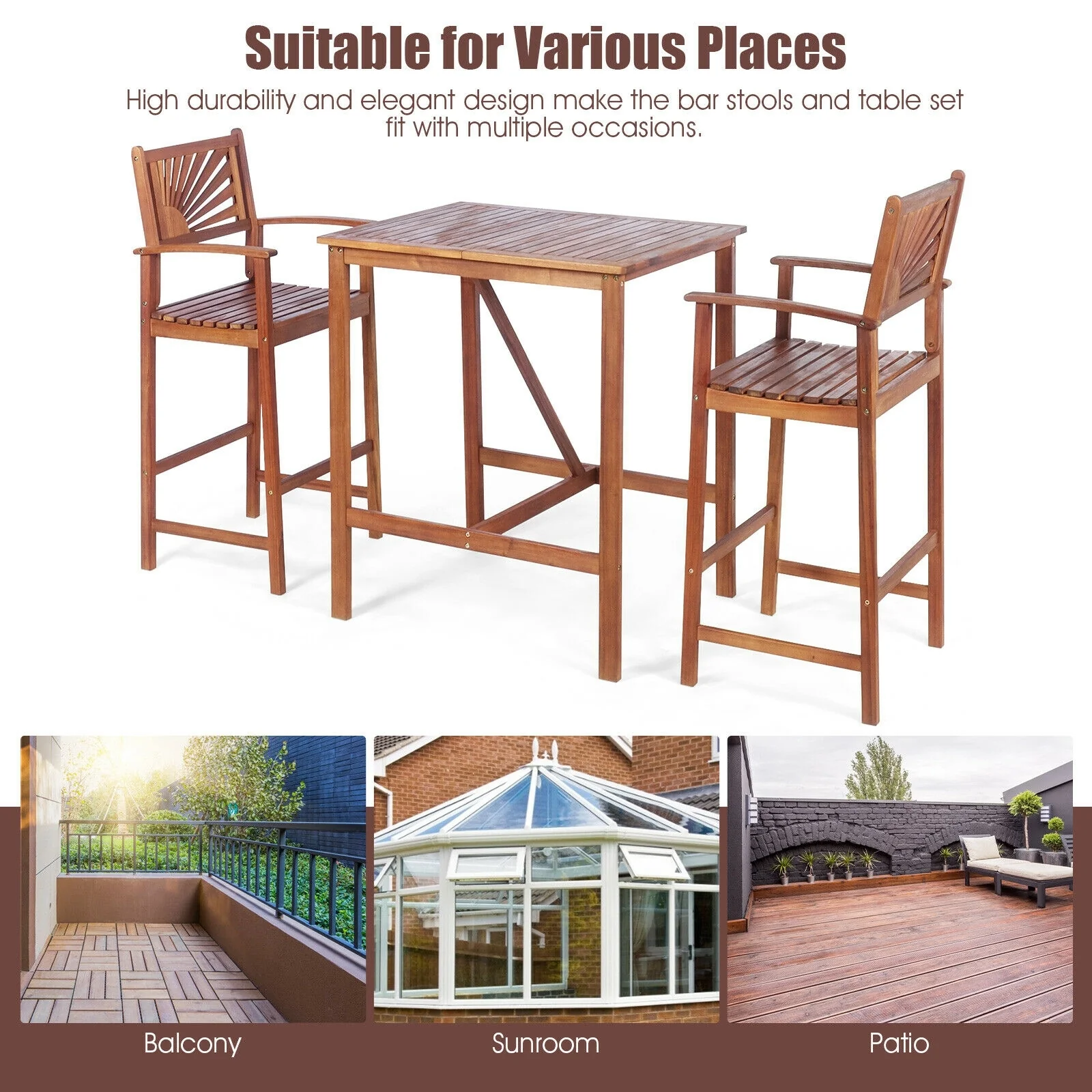 Acacia Wood Patio Bar Set, 3 Pieces, Sunflower Pattern, Natural - Image 6