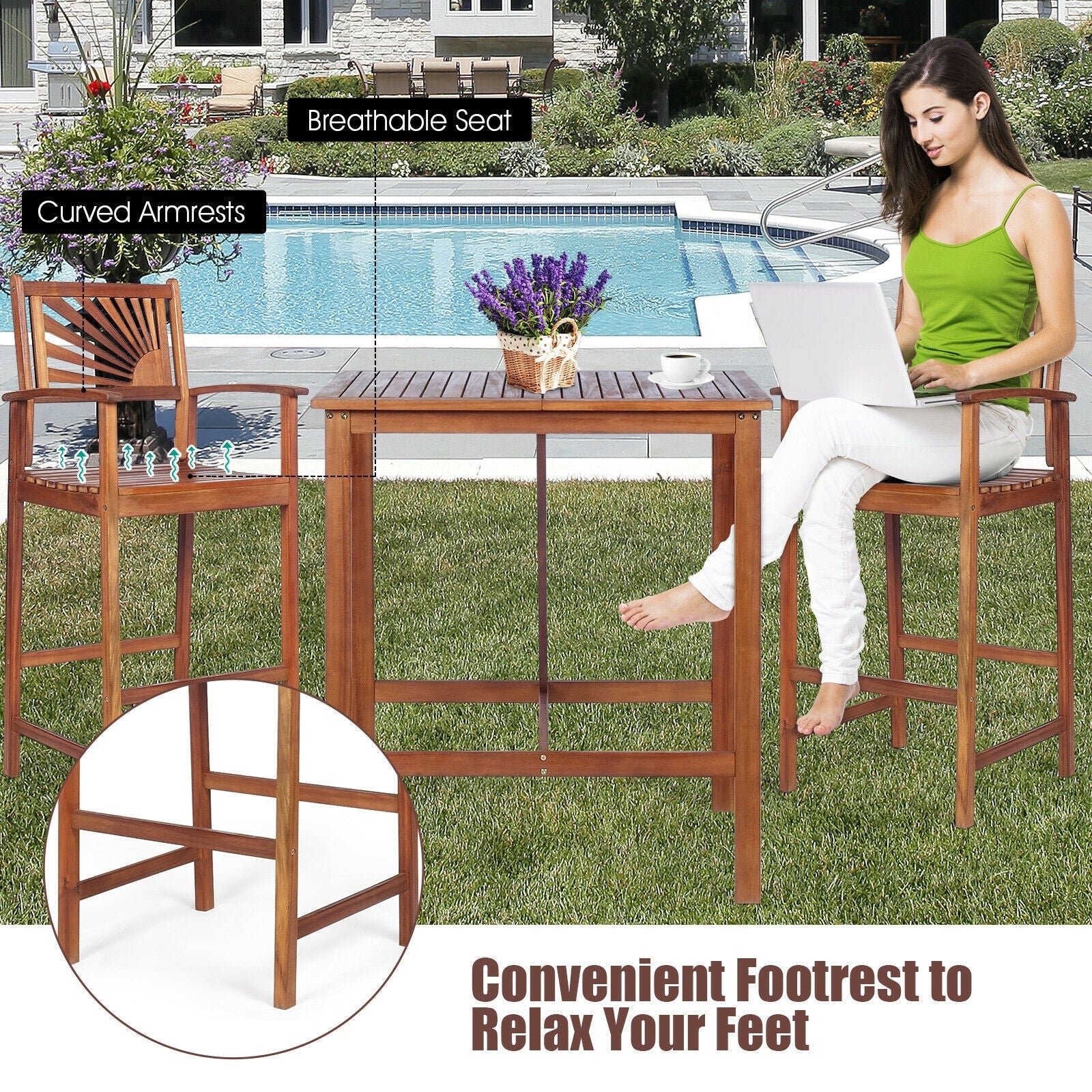 Acacia Wood Patio Bar Set, 3 Pieces, Sunflower Pattern, Natural - Image 8