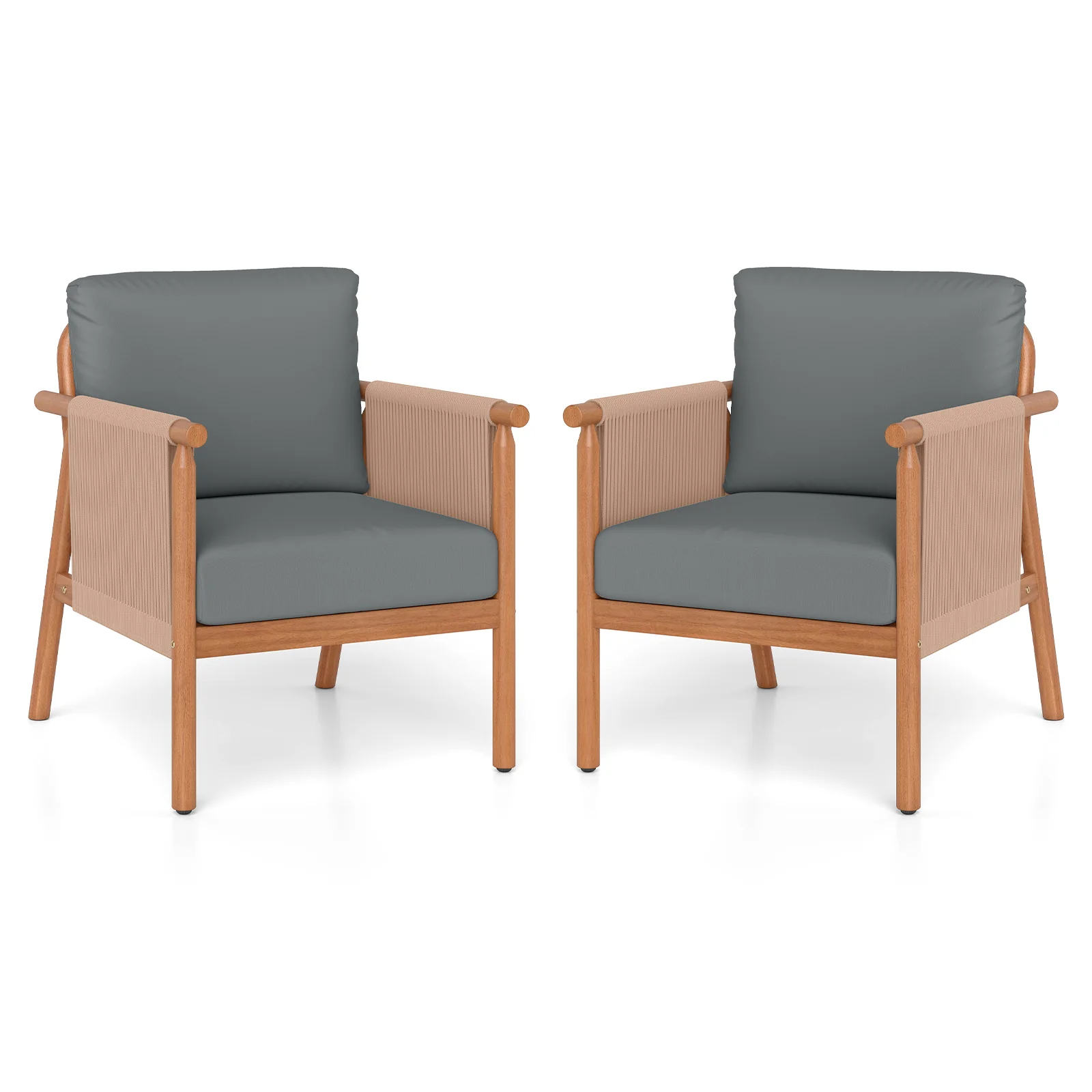 Acacia Wood Patio Chair Set, 2 Chairs, Woven Rope Armrests, Gray