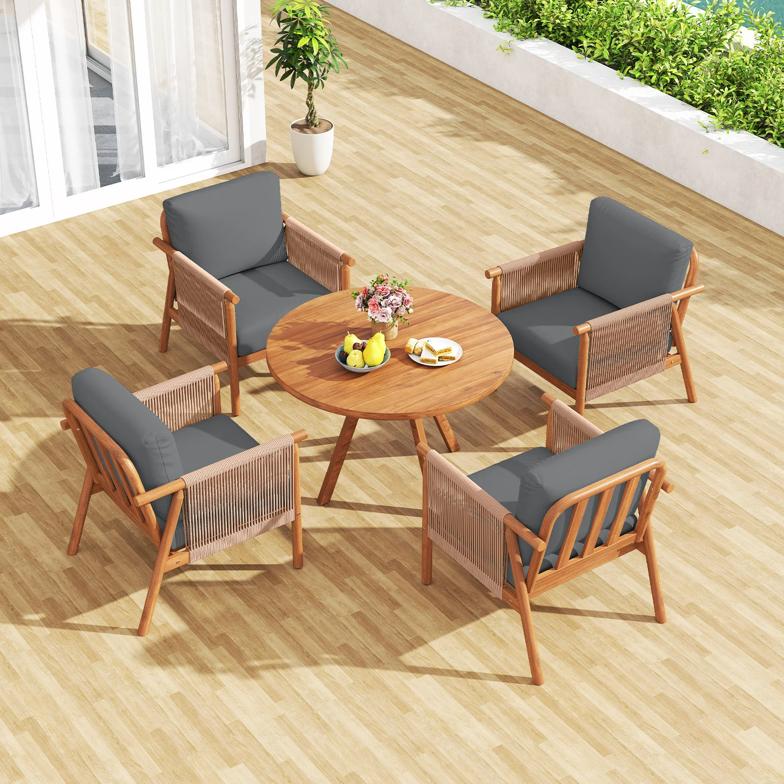 Acacia Wood Patio Chair Set, 2 Chairs, Woven Rope Armrests, Gray - Image 5
