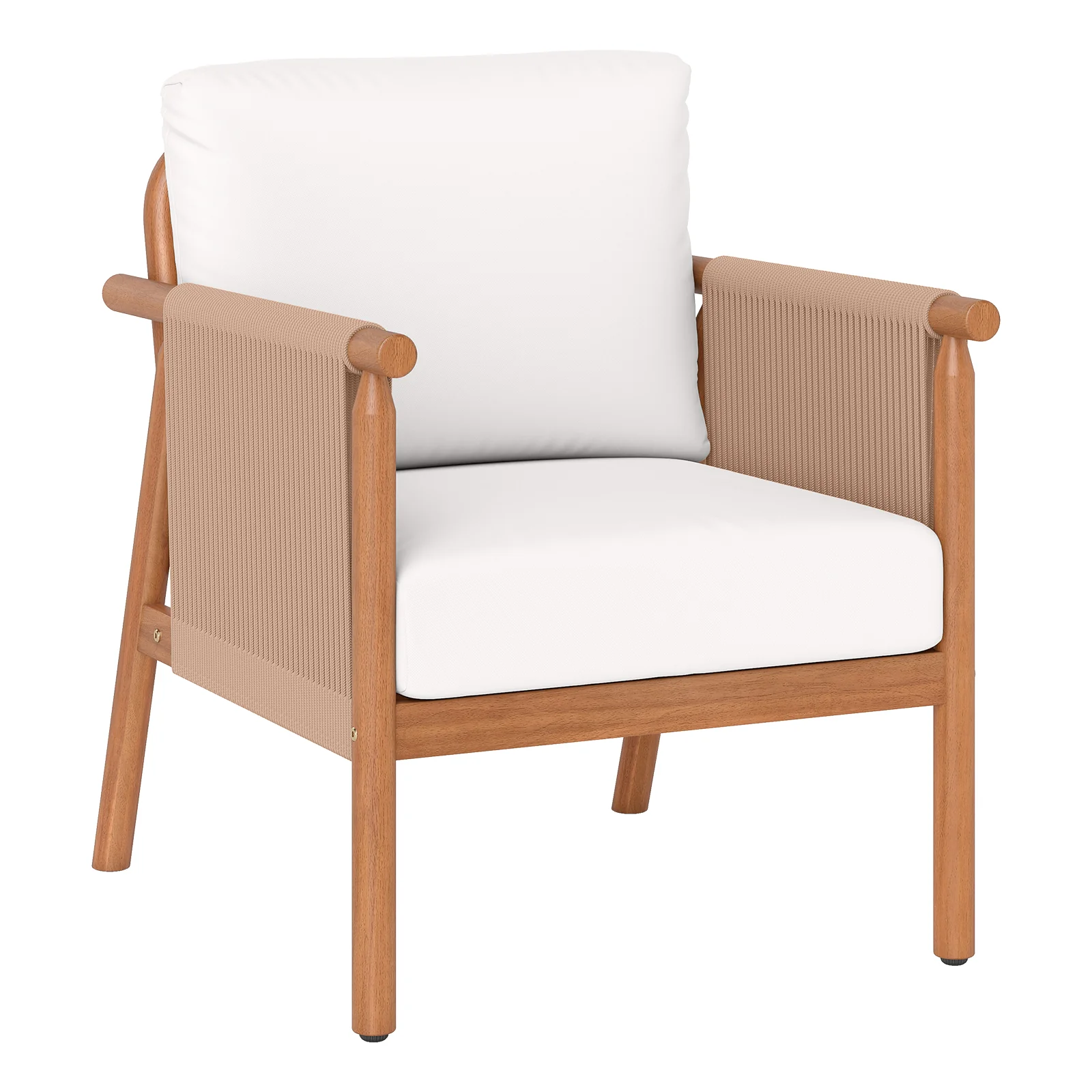 Acacia Wood Patio Chair, Woven Rope Armrests, Seat Back Cushions, White