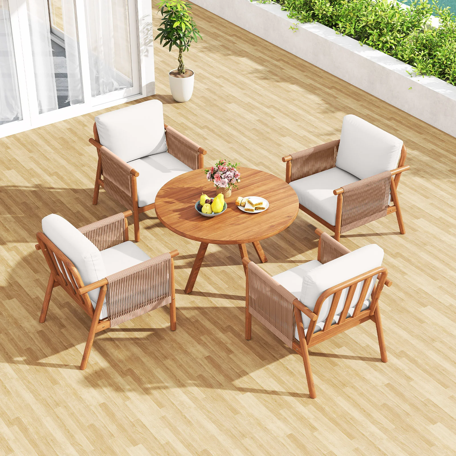 Acacia Wood Patio Chair, Woven Rope Armrests, Seat Back Cushions, White - Image 5