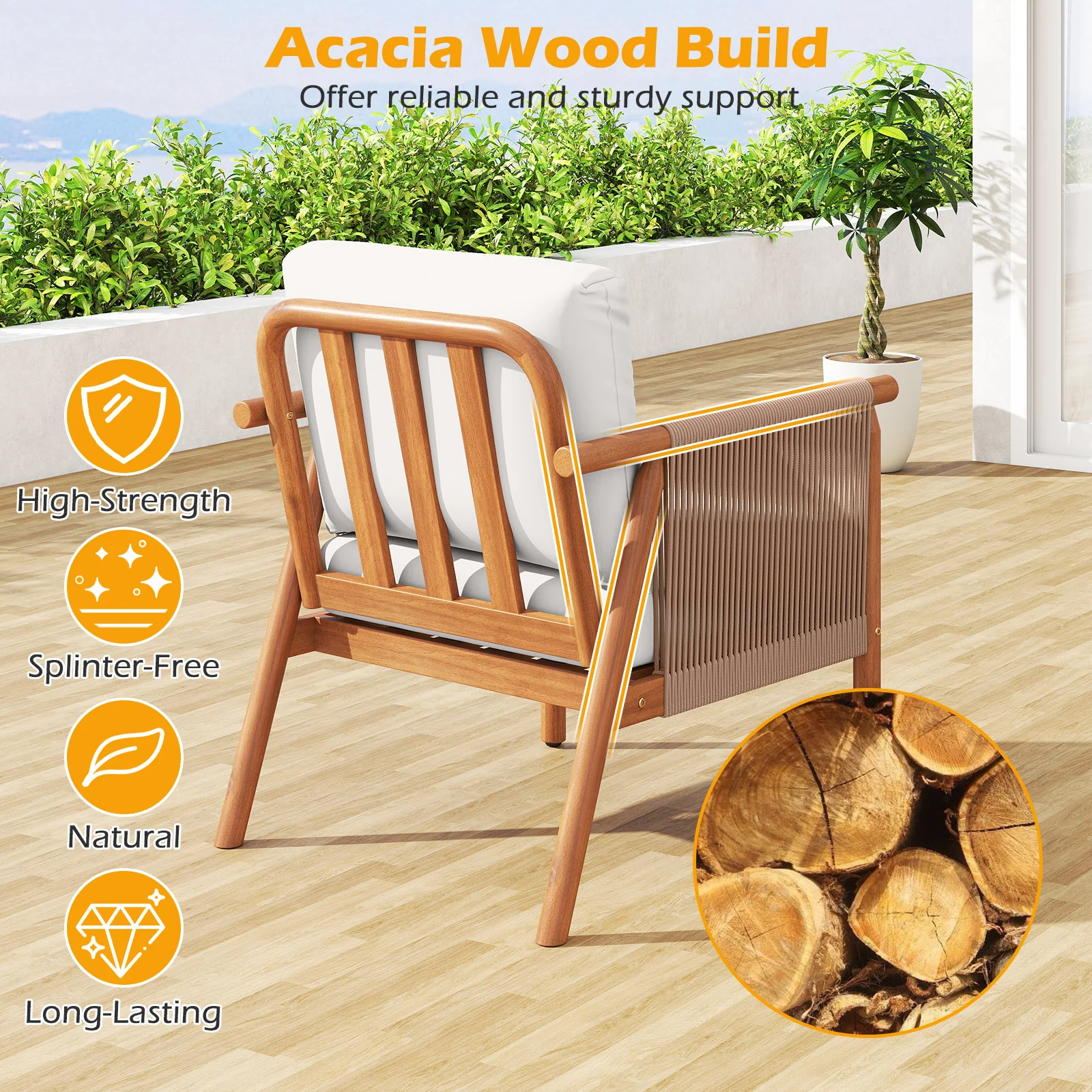Acacia Wood Patio Chair, Woven Rope Armrests, Seat Back Cushions, White - Image 7