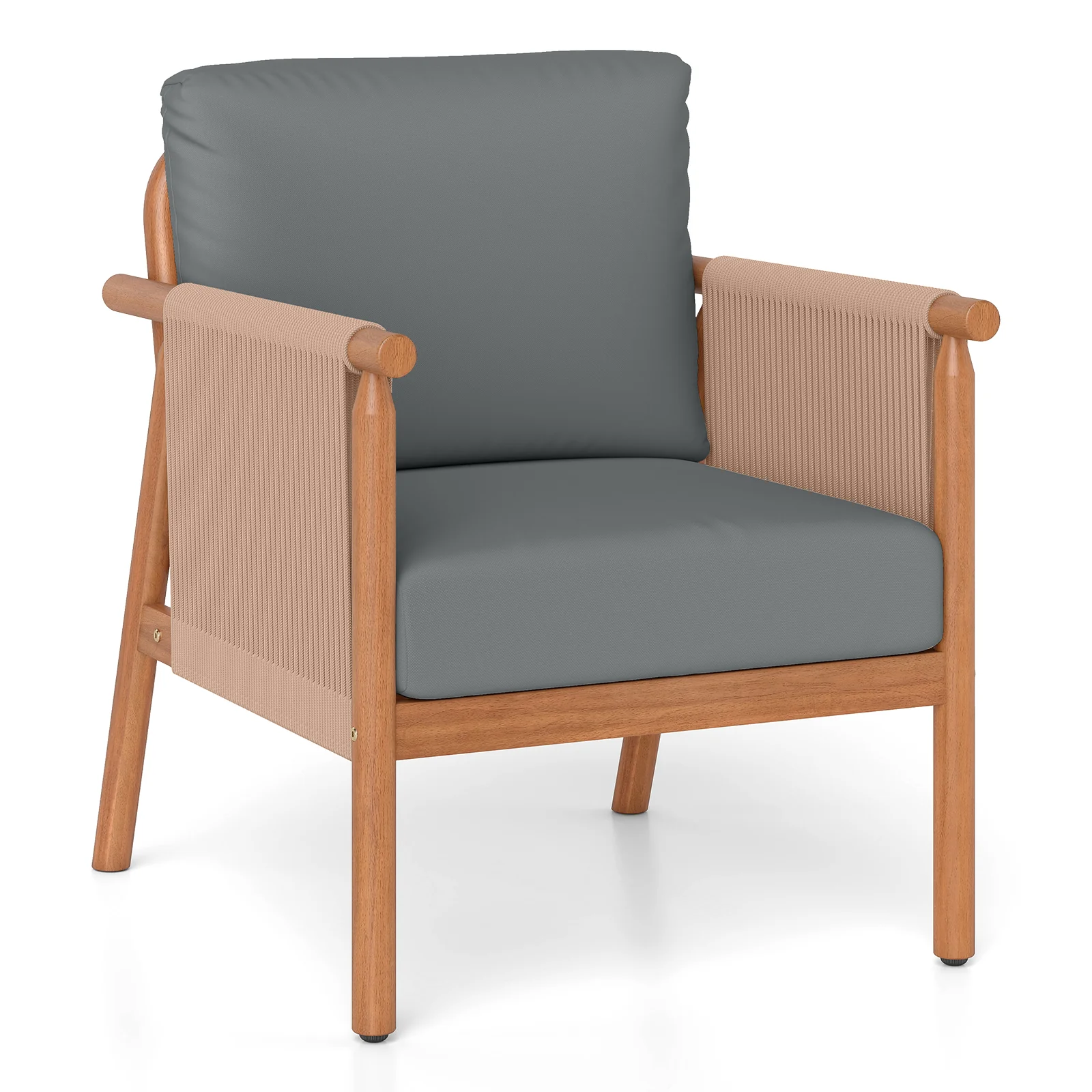 Acacia Wood Patio Chair, Woven Rope Armrests, With Cushions, Gray