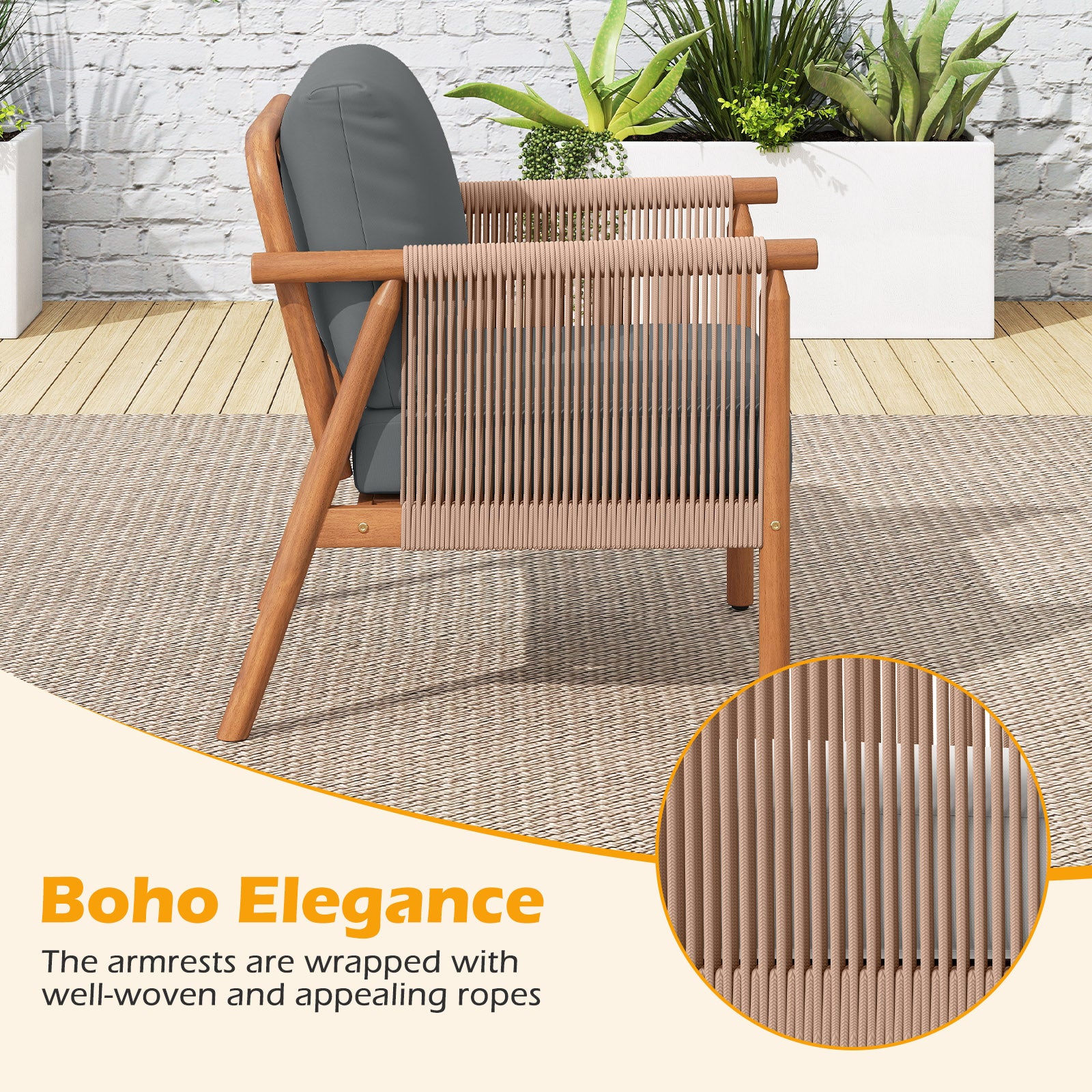 Acacia Wood Patio Chair, Woven Rope Armrests, With Cushions, Gray - Image 6