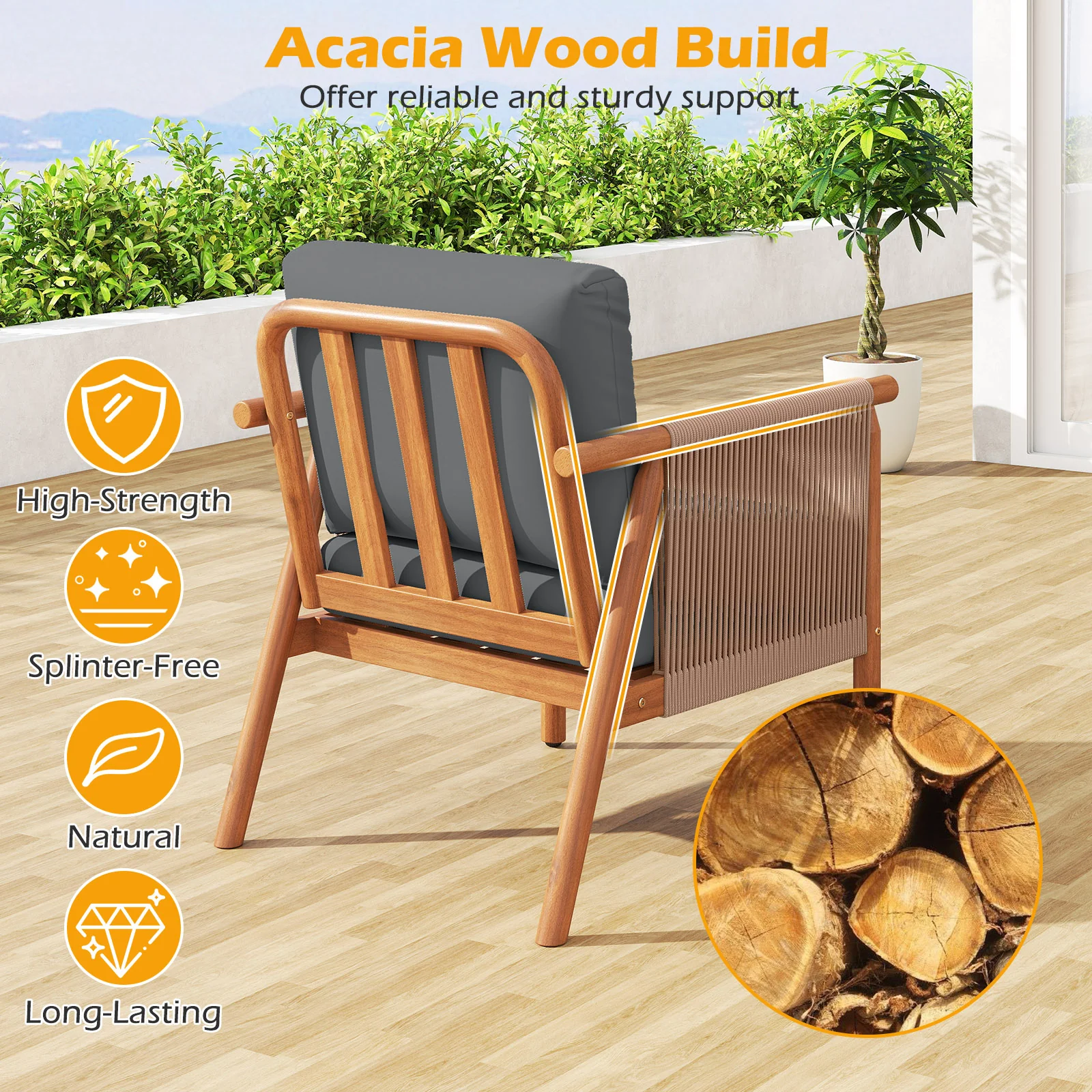 Acacia Wood Patio Chair, Woven Rope Armrests, With Cushions, Gray - Image 7