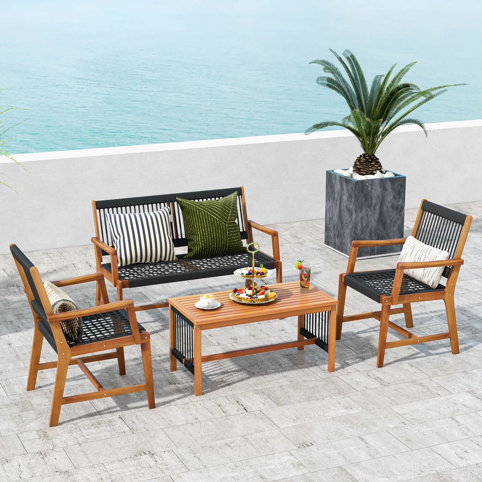 Acacia Wood Patio Conversation Set, 4 Pieces, Natural - Image 3