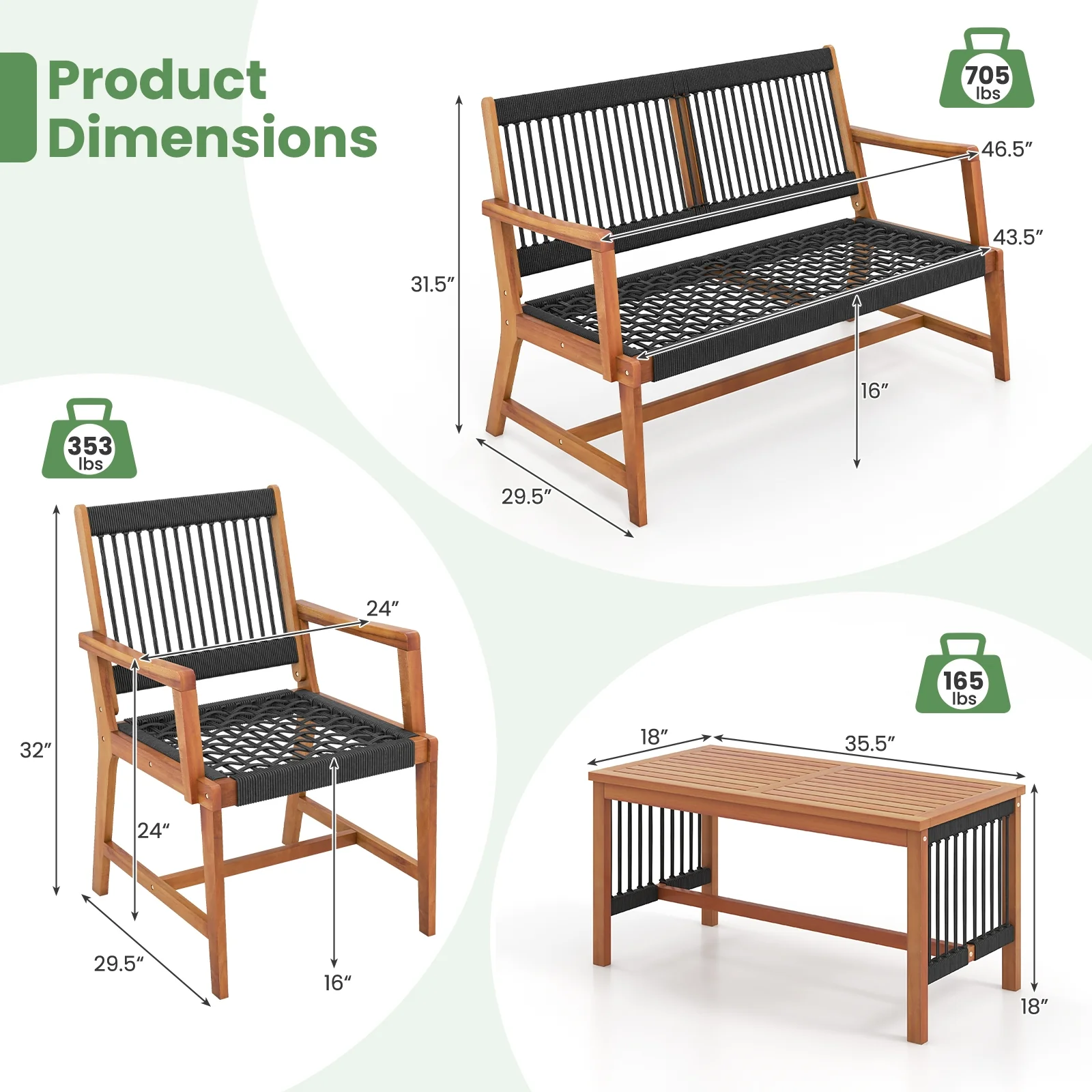 Acacia Wood Patio Conversation Set, 4 Pieces, Natural - Image 6