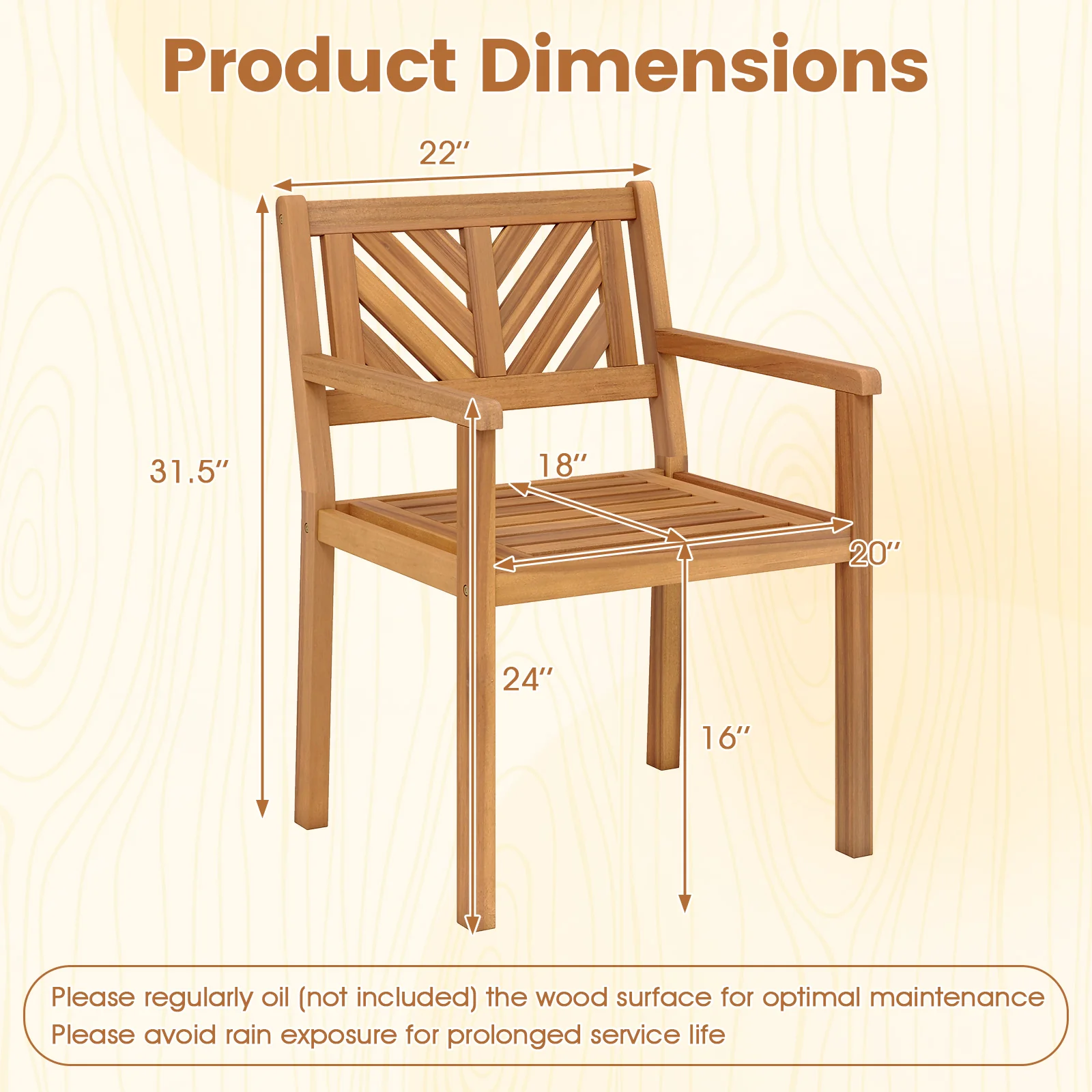 Acacia Wood Patio Dining Chairs, Set of 4, 400 lbs Capacity - Image 4