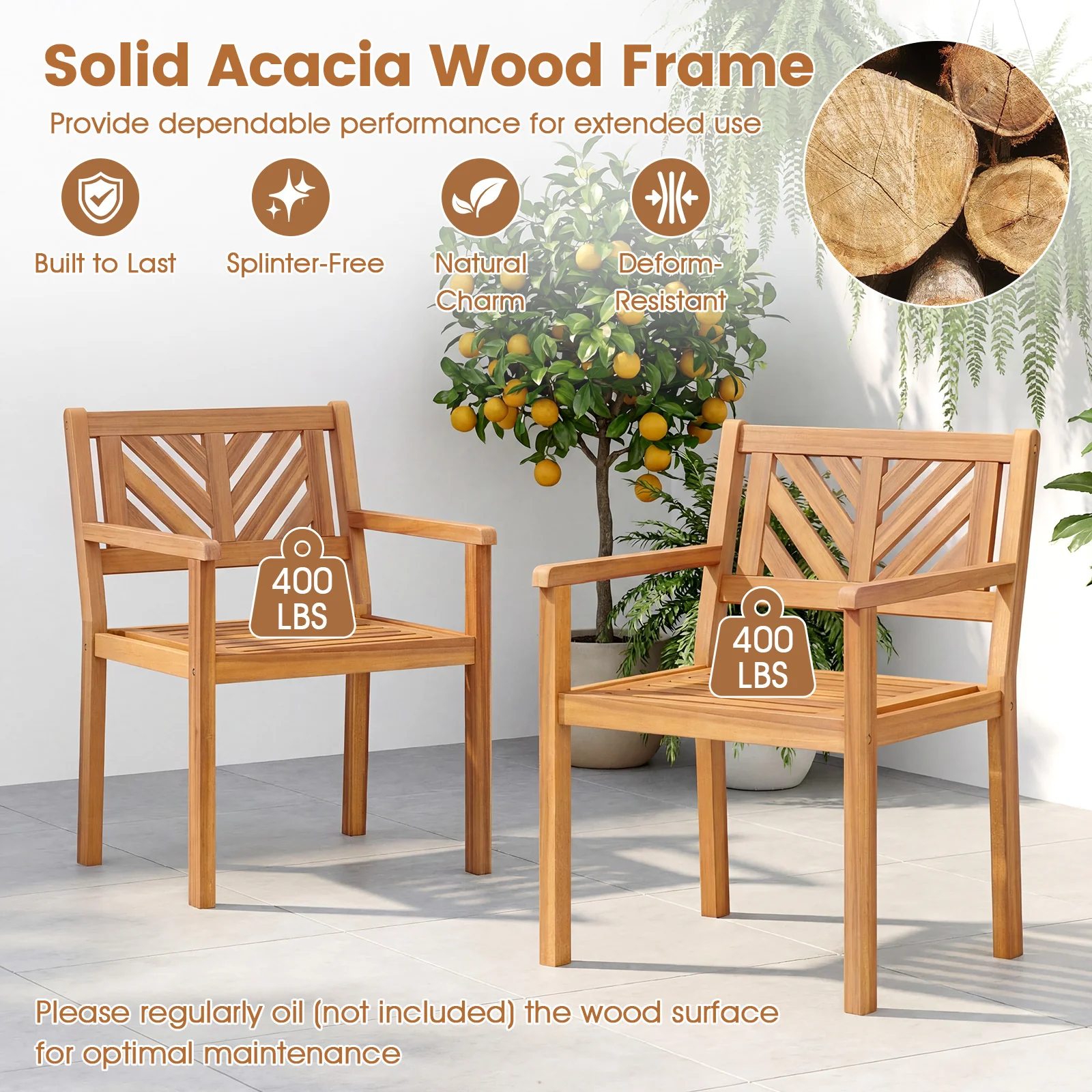 Acacia Wood Patio Dining Chairs, Set of 4, 400 lbs Capacity - Image 6