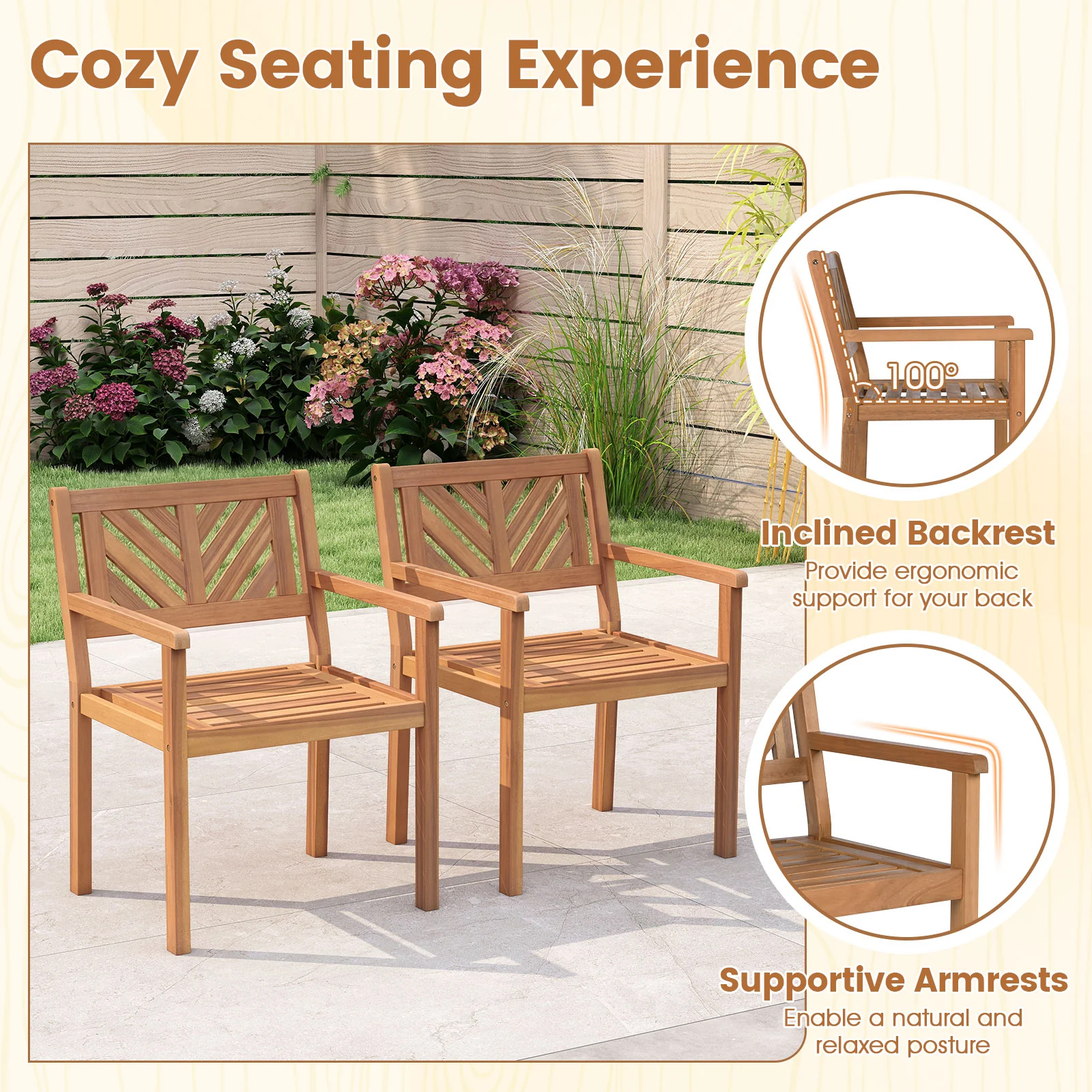 Acacia Wood Patio Dining Chairs, Set of 4, 400 lbs Capacity - Image 7