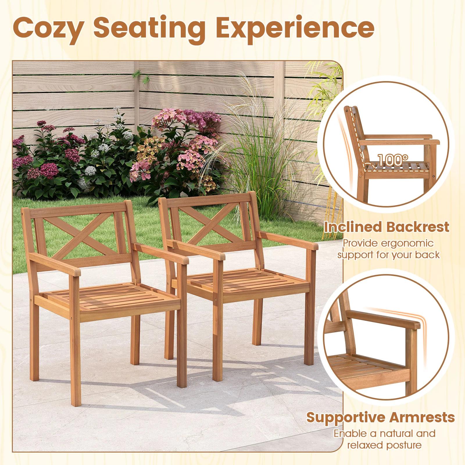 Acacia Wood Patio Dining Chairs, Set of 4, Outdoor Garden - Image 7