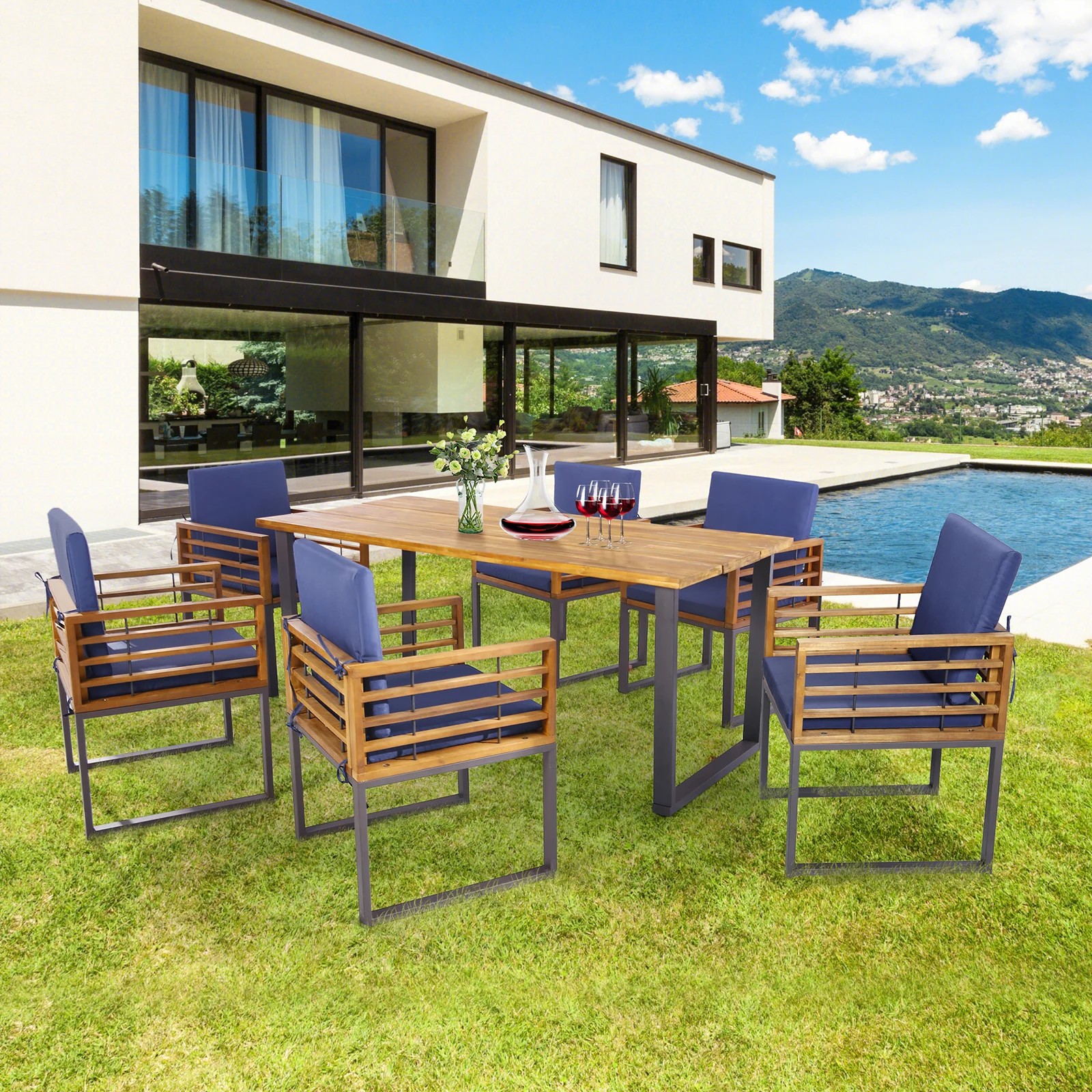 Acacia Wood Patio Dining Chairs, Set of 6, Navy - Image 2