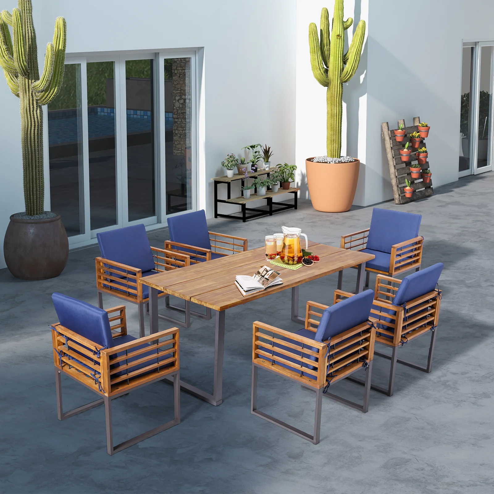 Acacia Wood Patio Dining Chairs, Set of 6, Navy - Image 3