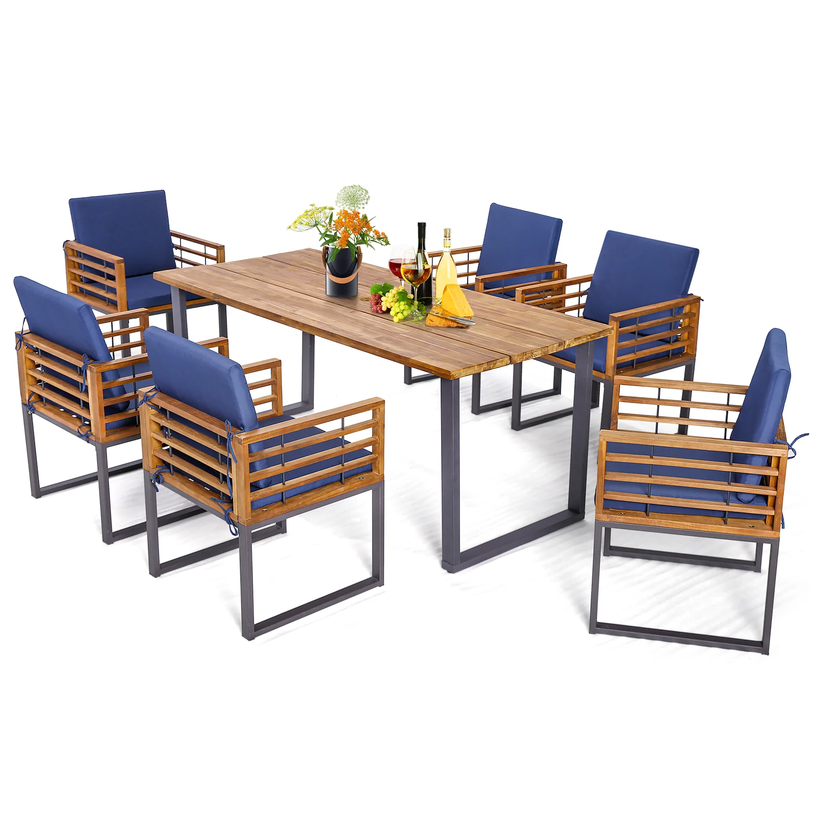 Acacia Wood Patio Dining Chairs, Set of 6, Navy - Image 7