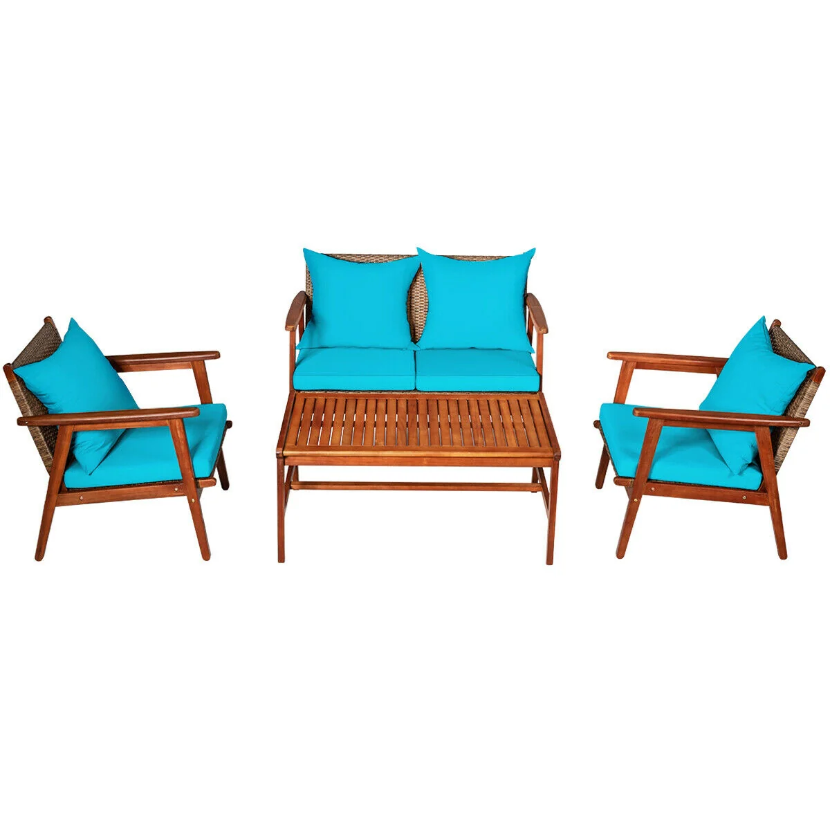 Acacia Wood Patio Rattan Furniture Set, 4 Pieces, Turquoise - Image 10