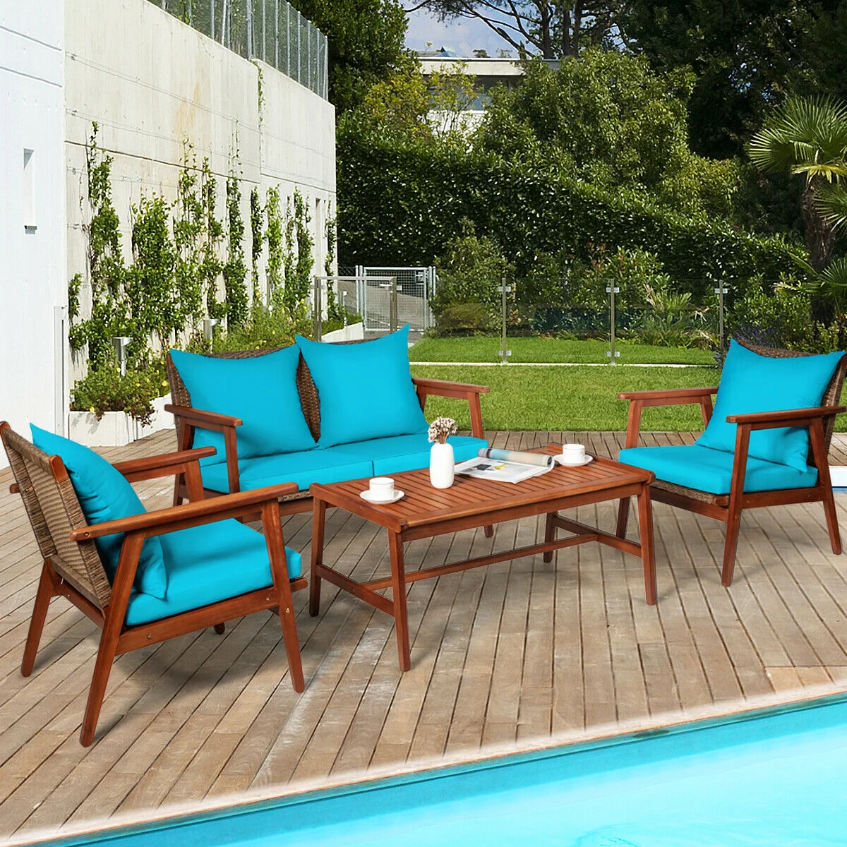 Acacia Wood Patio Rattan Furniture Set, 4 Pieces, Turquoise - Image 2