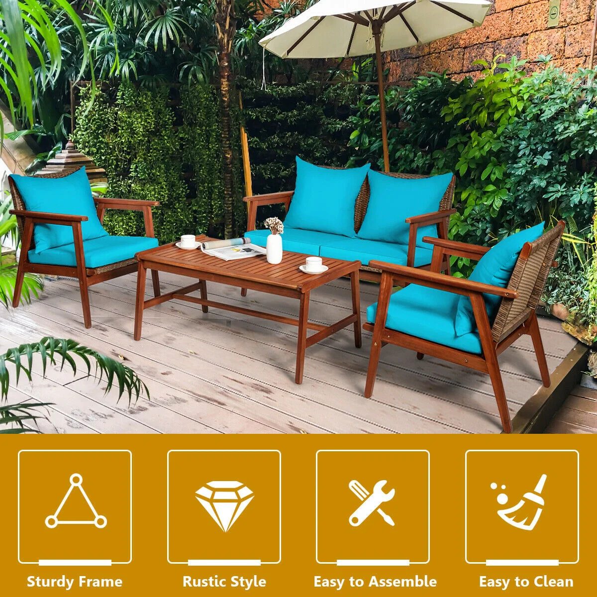 Acacia Wood Patio Rattan Furniture Set, 4 Pieces, Turquoise - Image 3