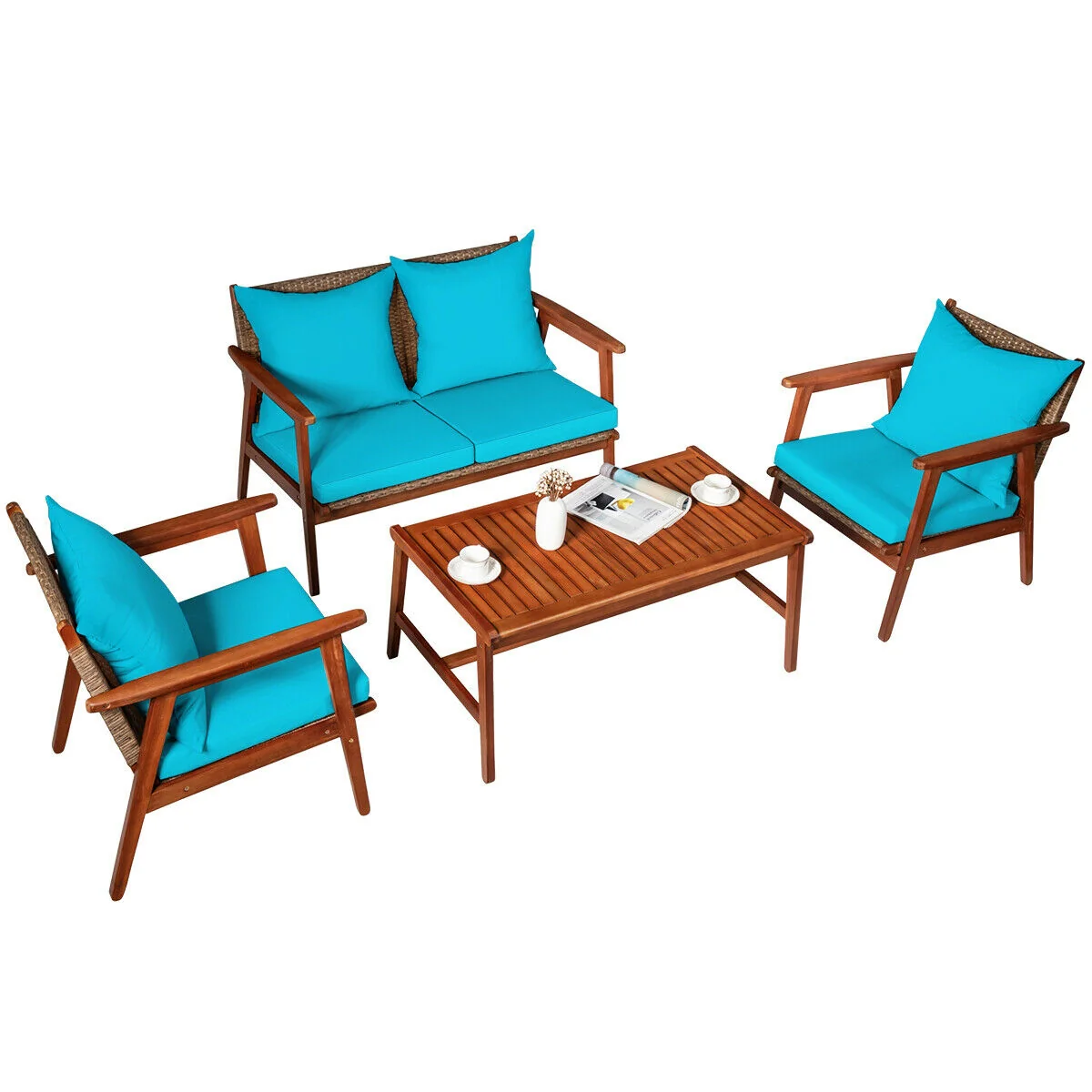 Acacia Wood Patio Rattan Furniture Set, 4 Pieces, Turquoise - Image 4