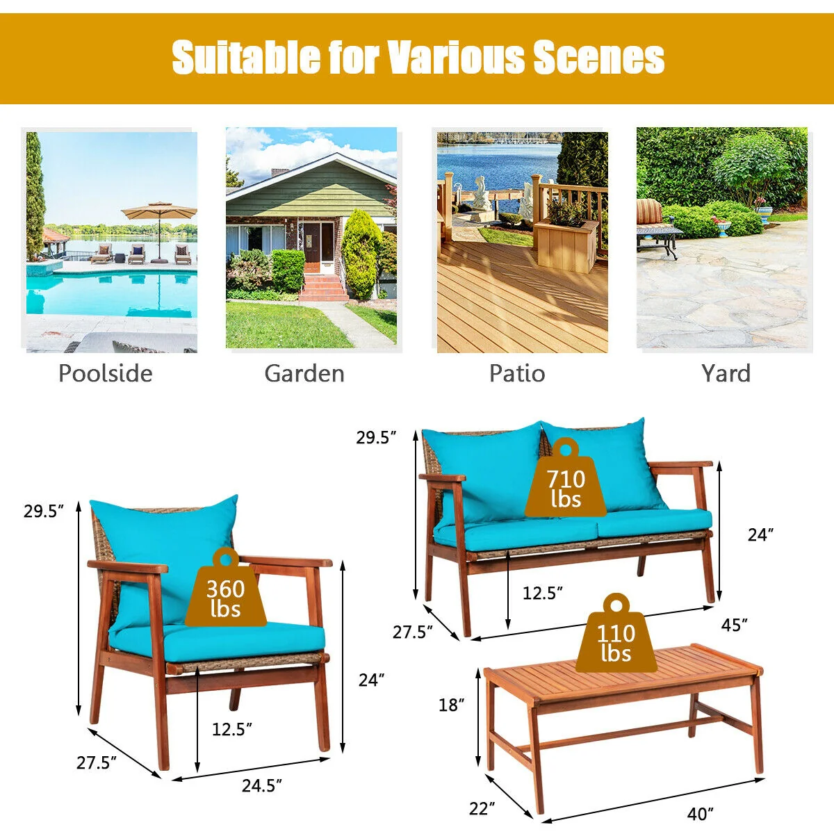 Acacia Wood Patio Rattan Furniture Set, 4 Pieces, Turquoise - Image 5