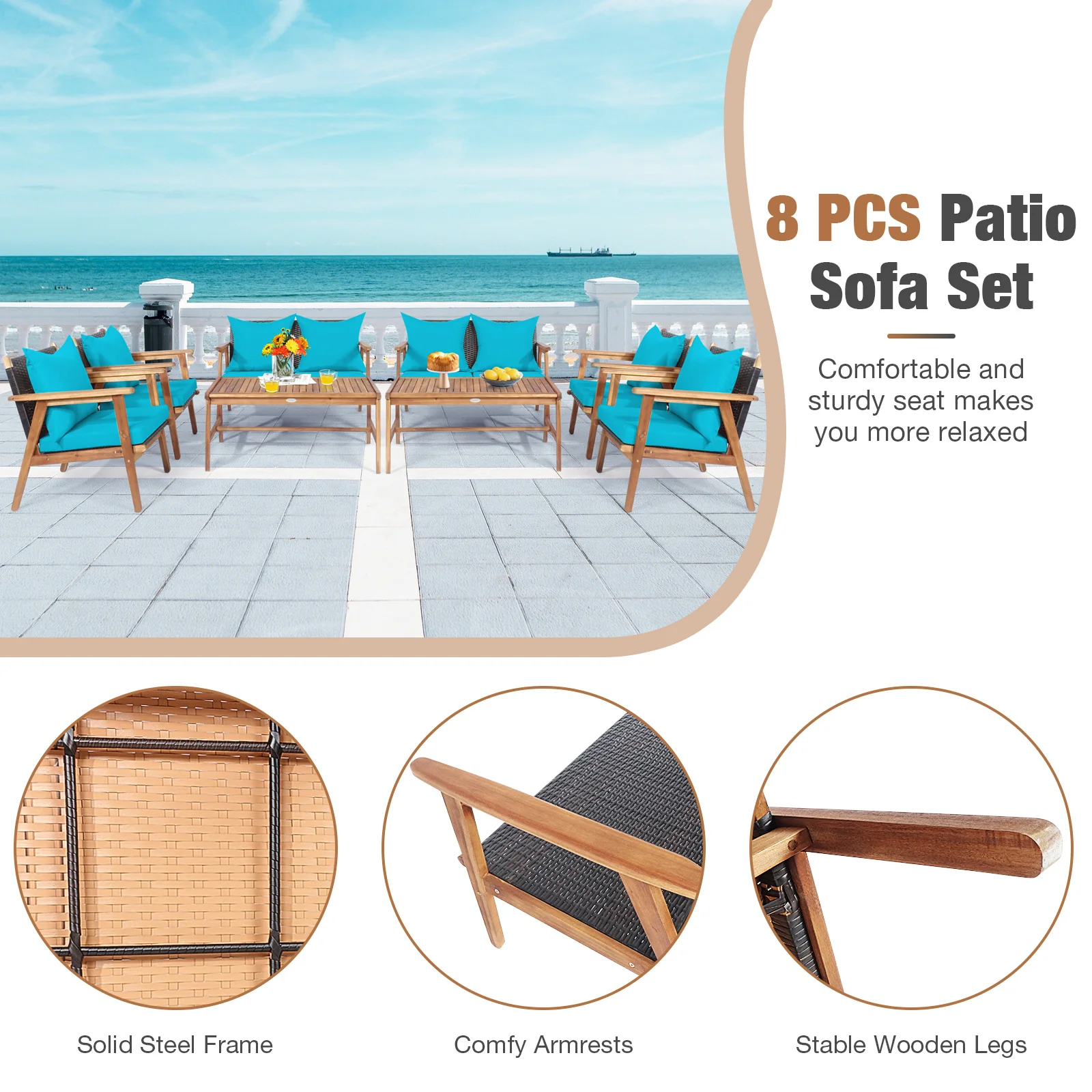 Acacia Wood Patio Rattan Furniture Set, 4 Pieces, Turquoise - Image 6