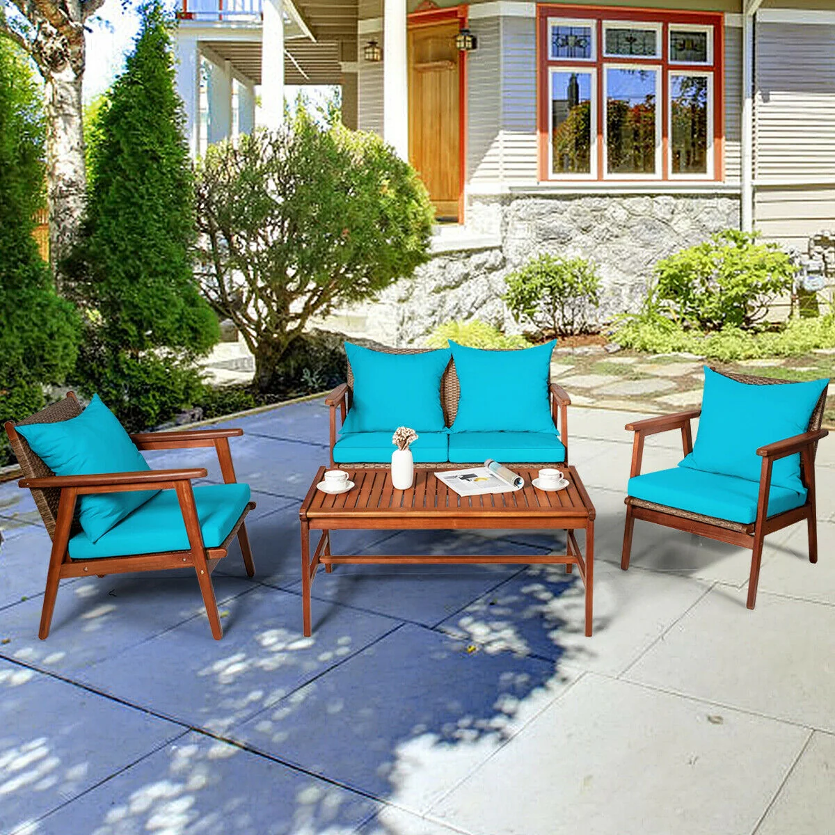 Acacia Wood Patio Rattan Furniture Set, 4 Pieces, Turquoise - Image 7