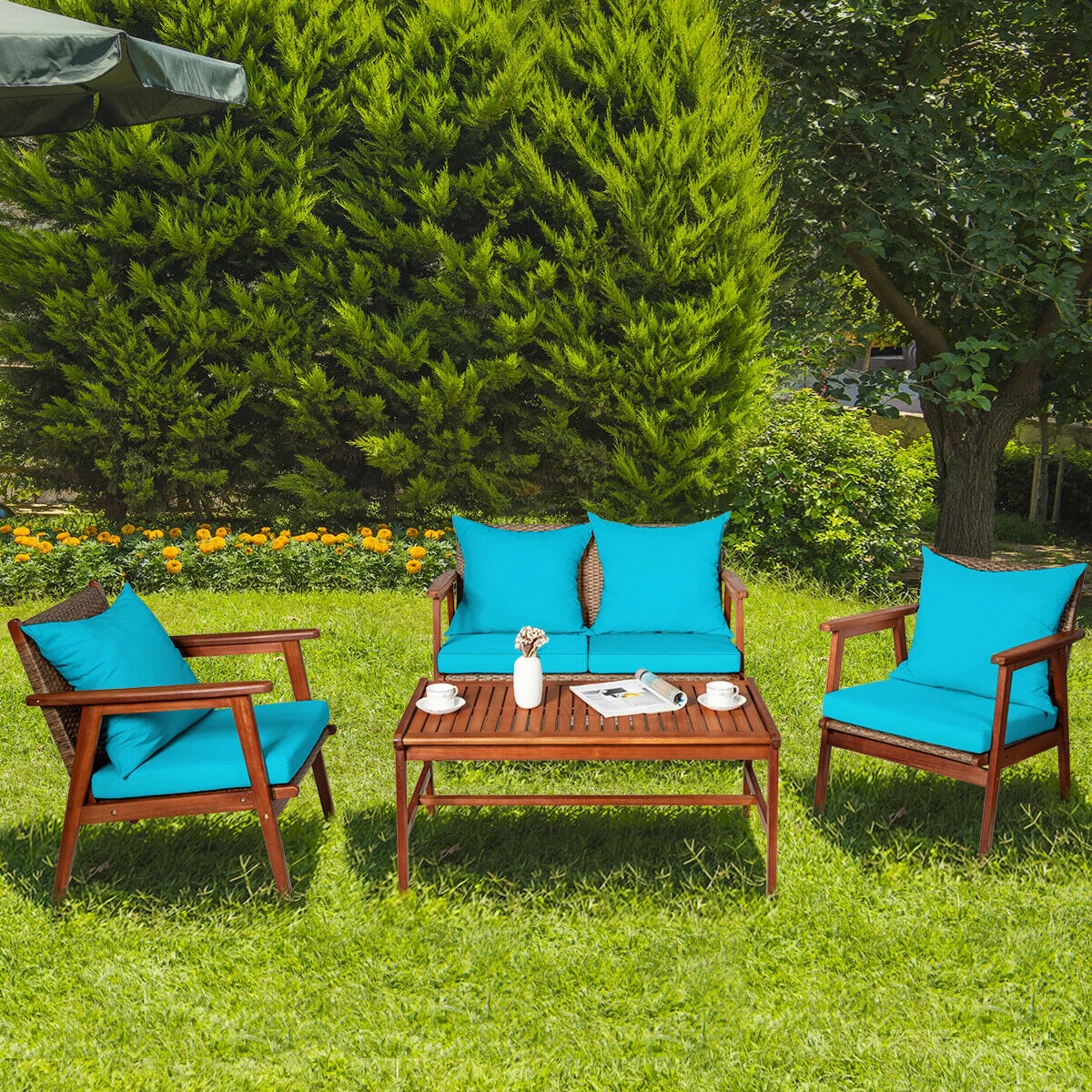 Acacia Wood Patio Rattan Furniture Set, 4 Pieces, Turquoise - Image 8