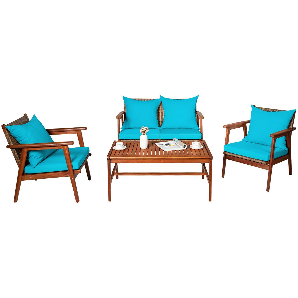 Acacia Wood Patio Rattan Furniture Set, 4 Pieces, Turquoise - Image 9