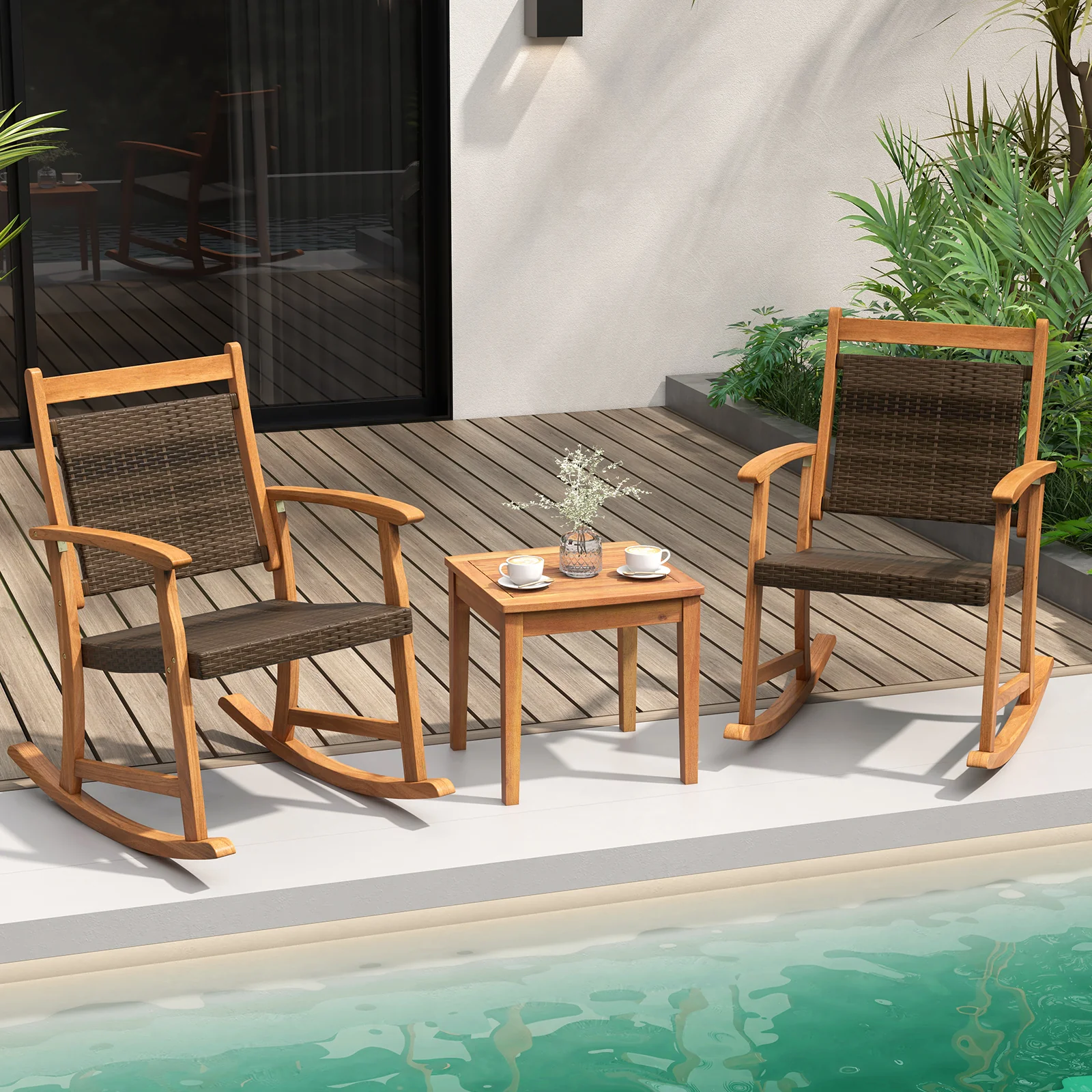 Acacia Wood Rocking Chair Set, 3 Pieces, Brown - Image 2
