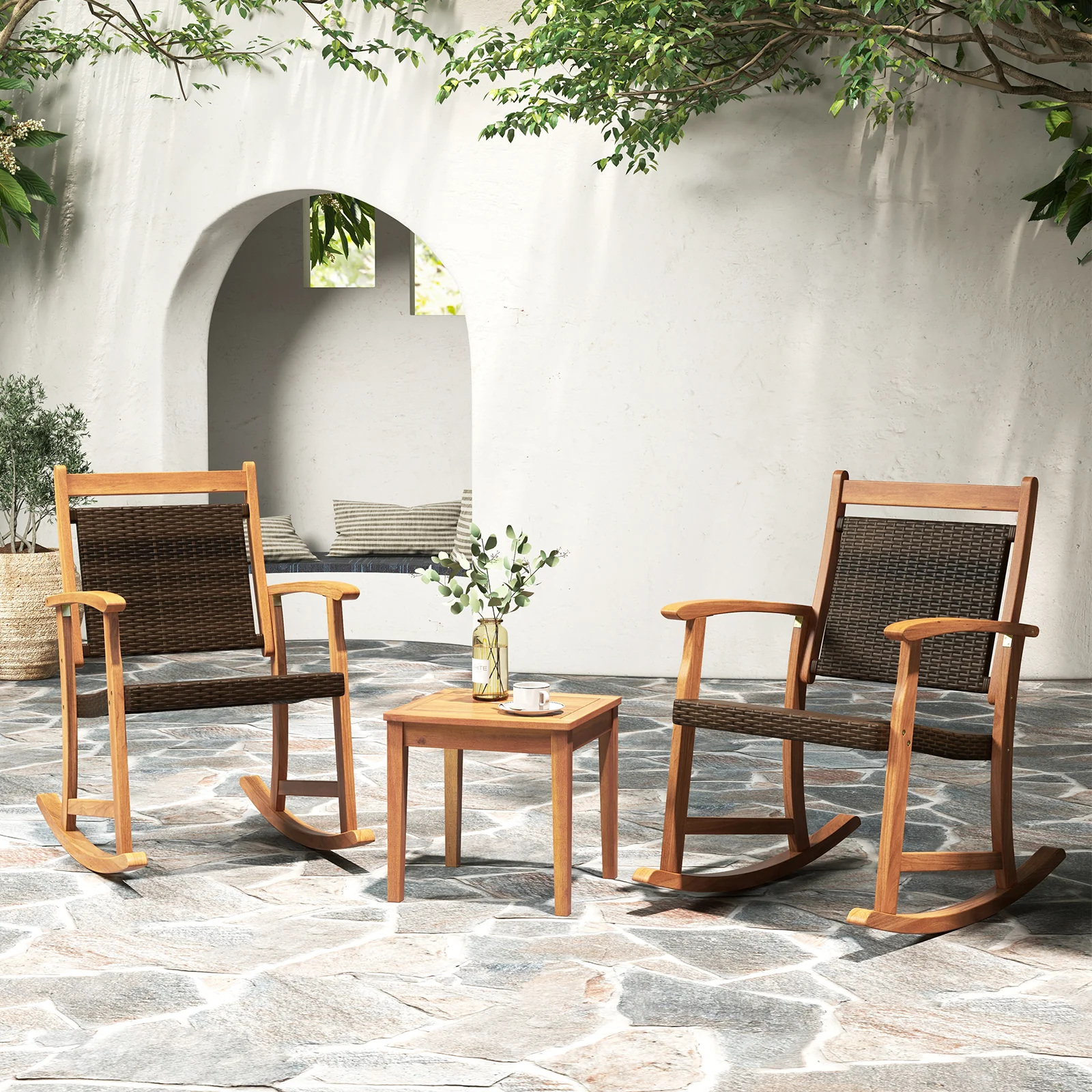 Acacia Wood Rocking Chair Set, 3 Pieces, Brown - Image 3