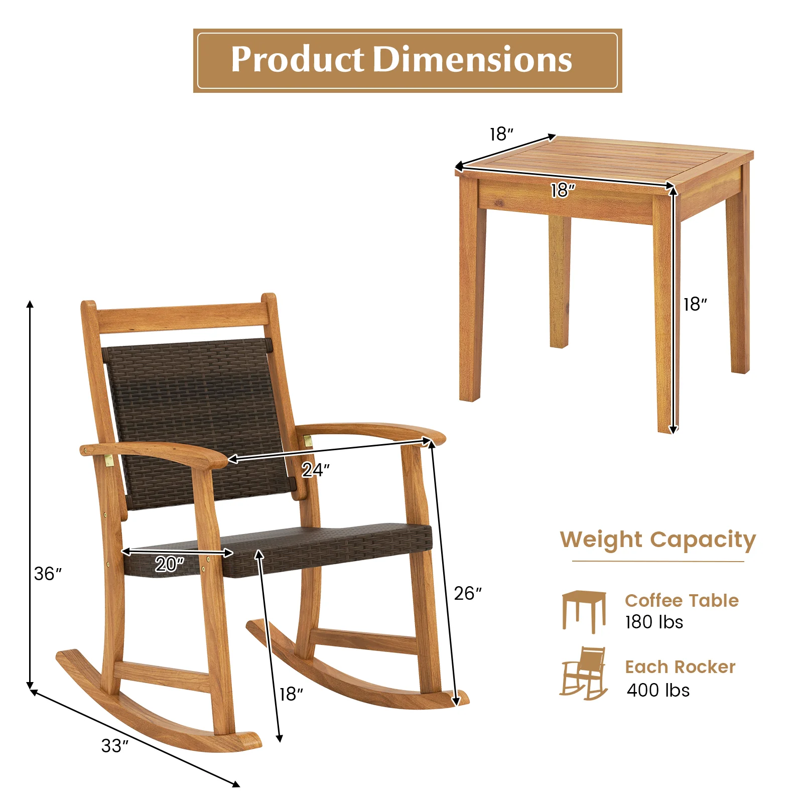 Acacia Wood Rocking Chair Set, 3 Pieces, Brown - Image 6