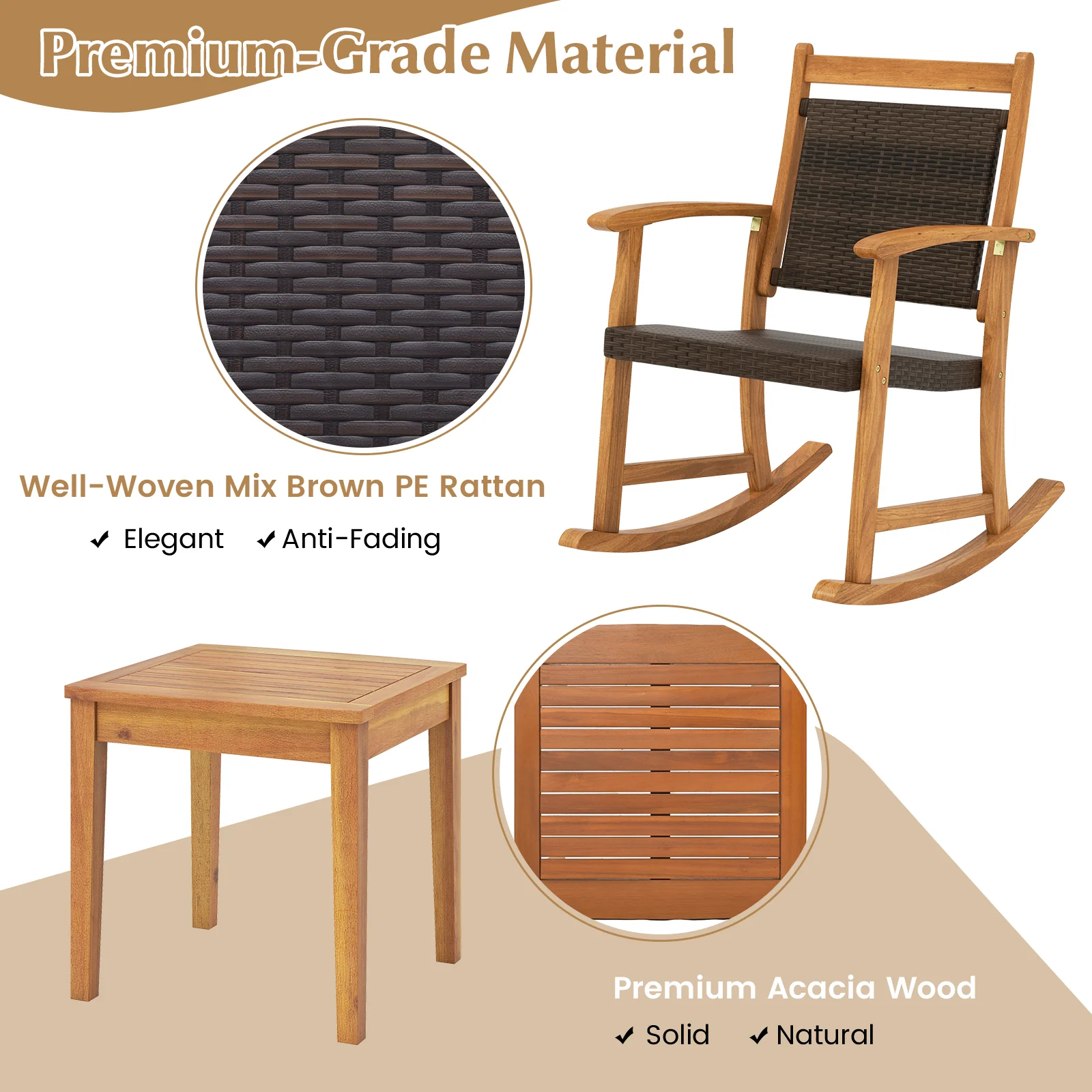 Acacia Wood Rocking Chair Set, 3 Pieces, Brown - Image 9