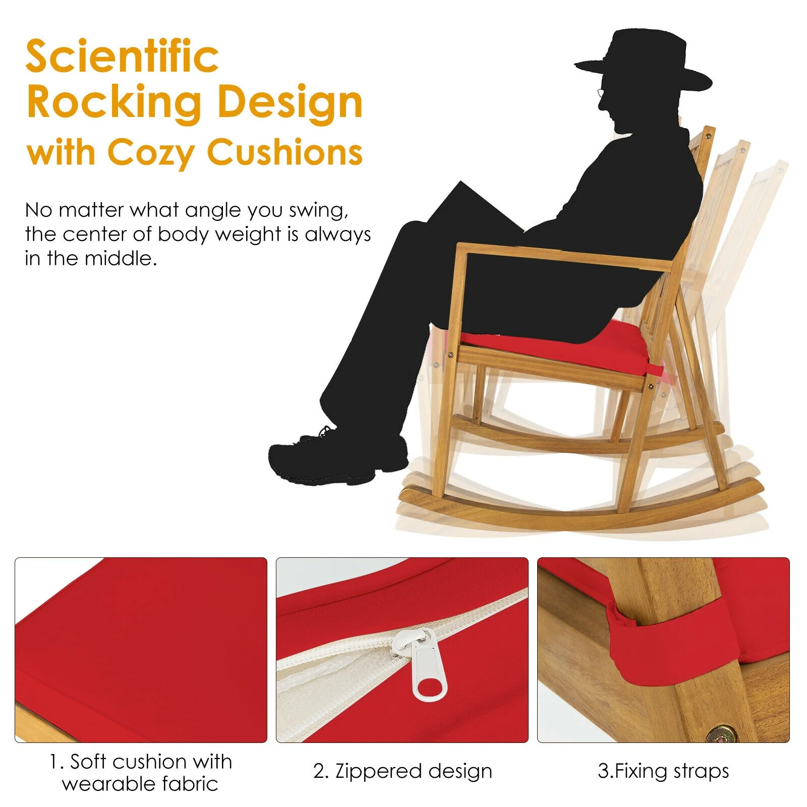 Acacia Wood Rocking Chair Sofa With Armrest And Cushion, Red - Image 10