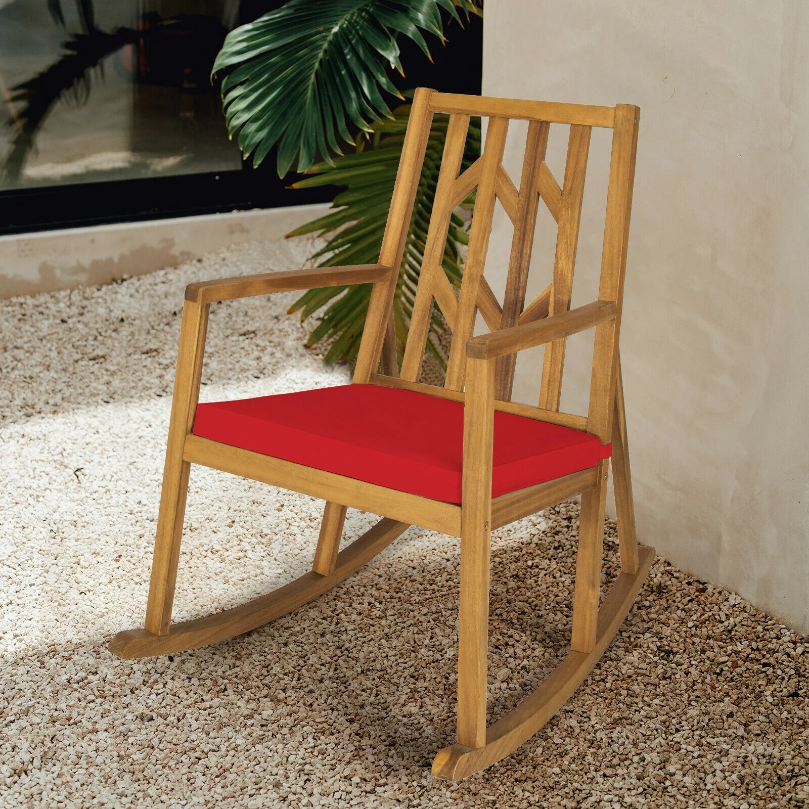 Acacia Wood Rocking Chair Sofa With Armrest And Cushion, Red - Image 2