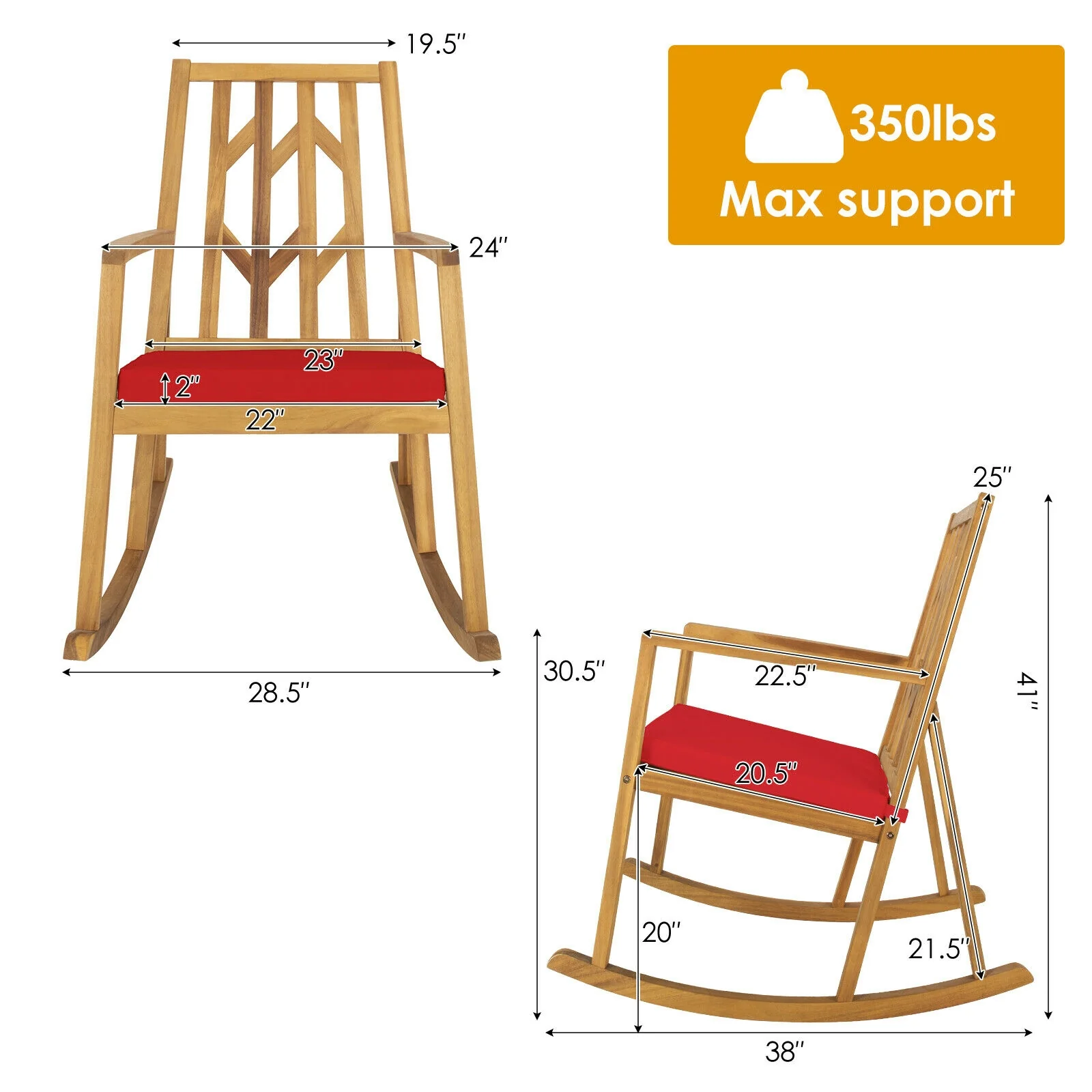 Acacia Wood Rocking Chair Sofa With Armrest And Cushion, Red - Image 5