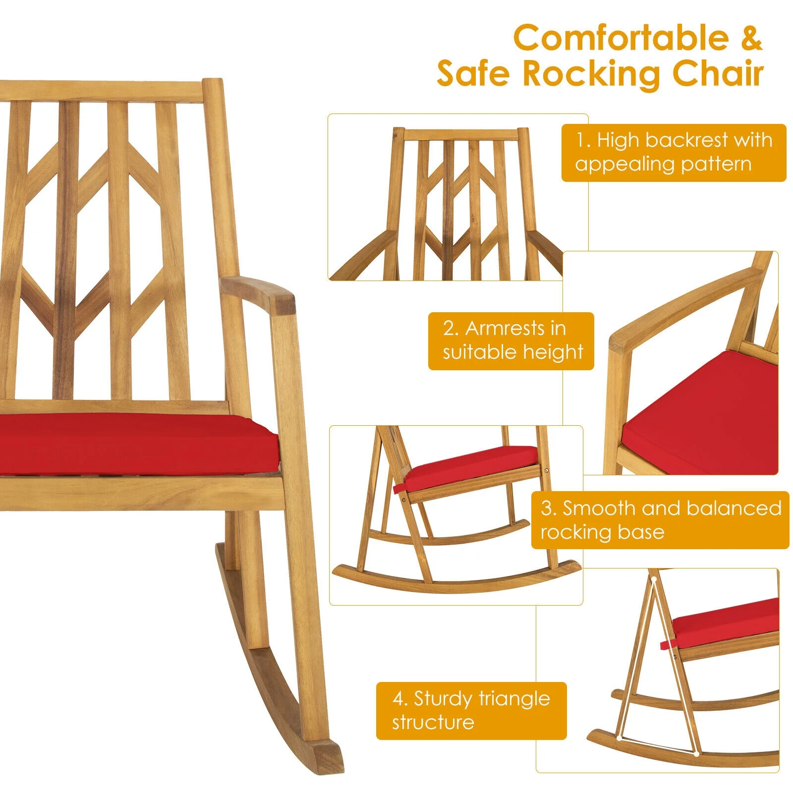 Acacia Wood Rocking Chair Sofa With Armrest And Cushion, Red - Image 6