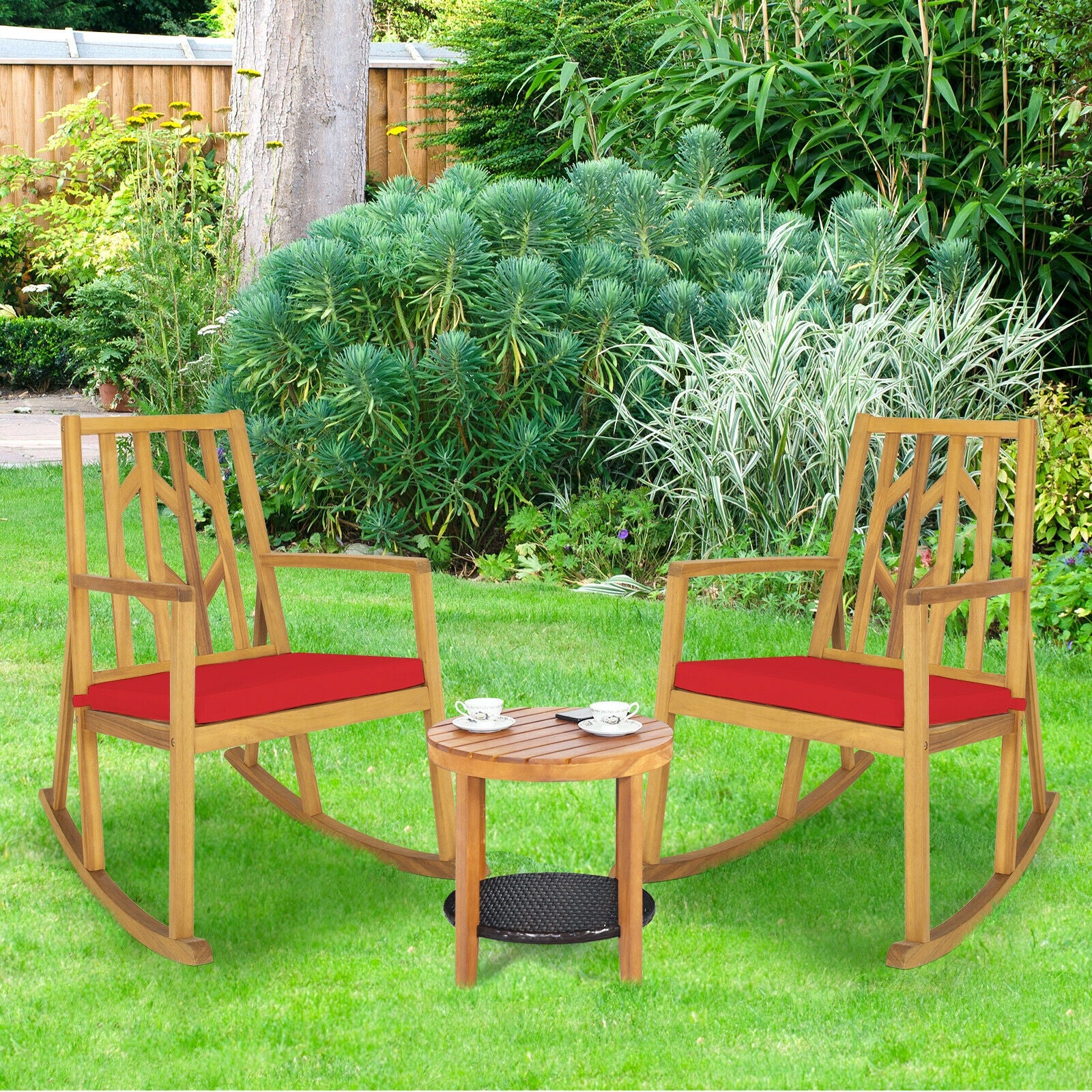 Acacia Wood Rocking Chair Sofa With Armrest And Cushion, Red - Image 7