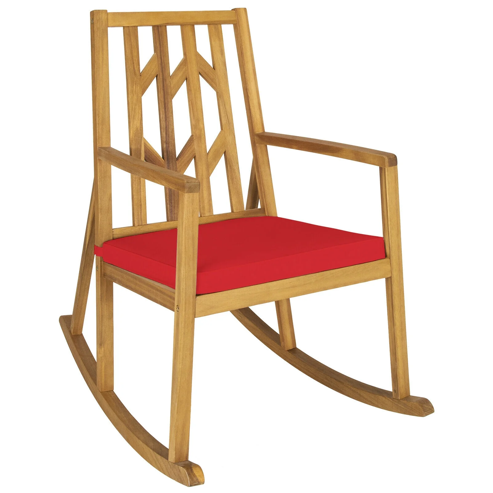 Acacia Wood Rocking Chair Sofa With Armrest And Cushion, Red - Image 8