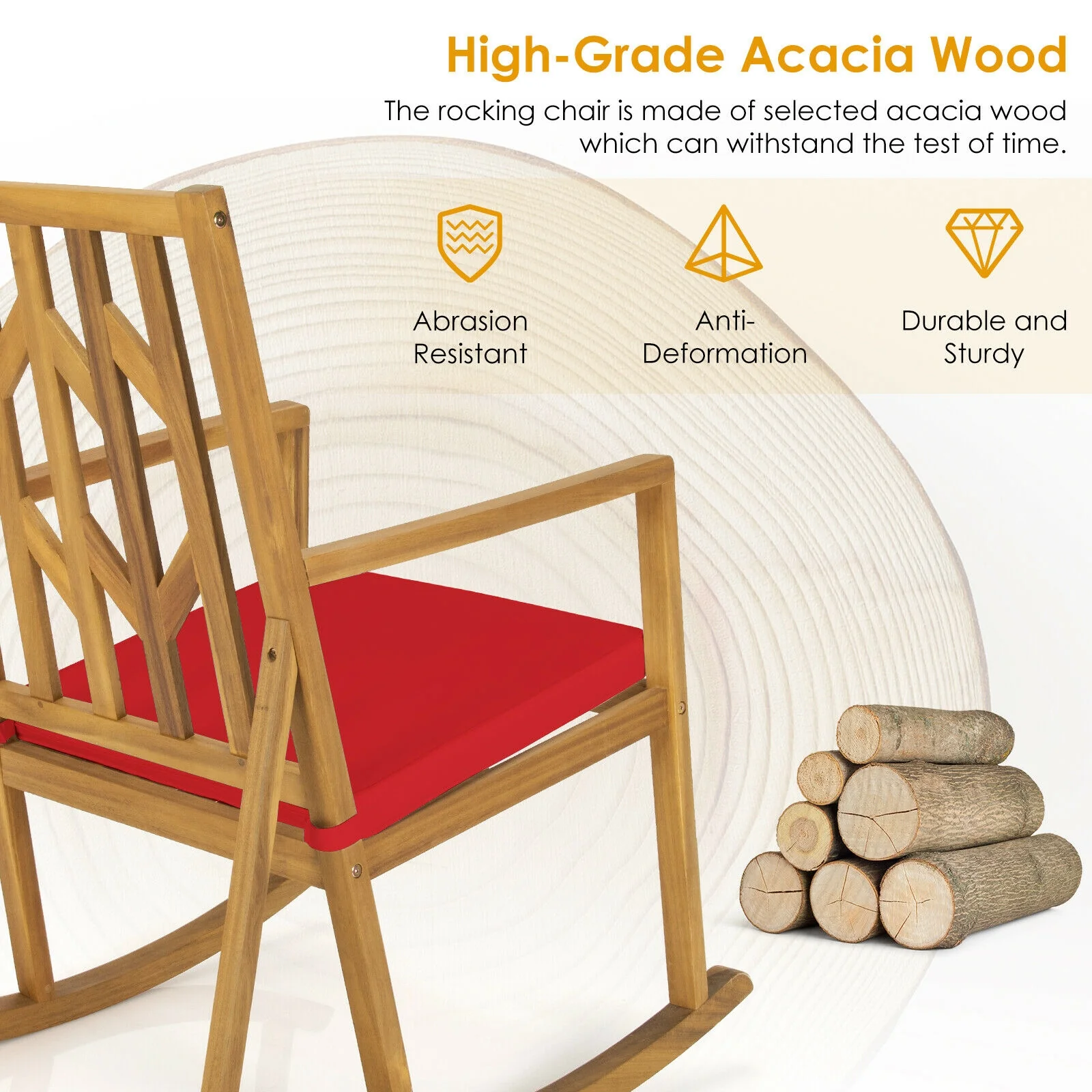 Acacia Wood Rocking Chair Sofa With Armrest And Cushion, Red - Image 9