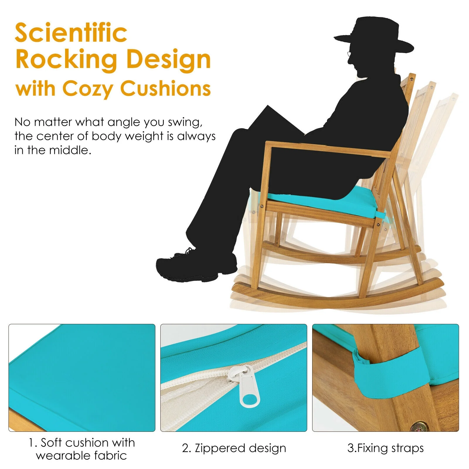 Acacia Wood Rocking Chair Sofa, With Armrest And Cushion, Turquoise - Image 10